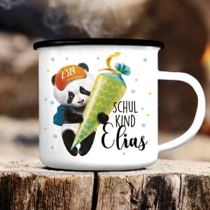Auf dem Bild ist das Produkt: Personalisierte Emaille Kindertasse Panda Einschulungsgeschenk mit Wunschname zum Preis von €18.9 abgebildet.