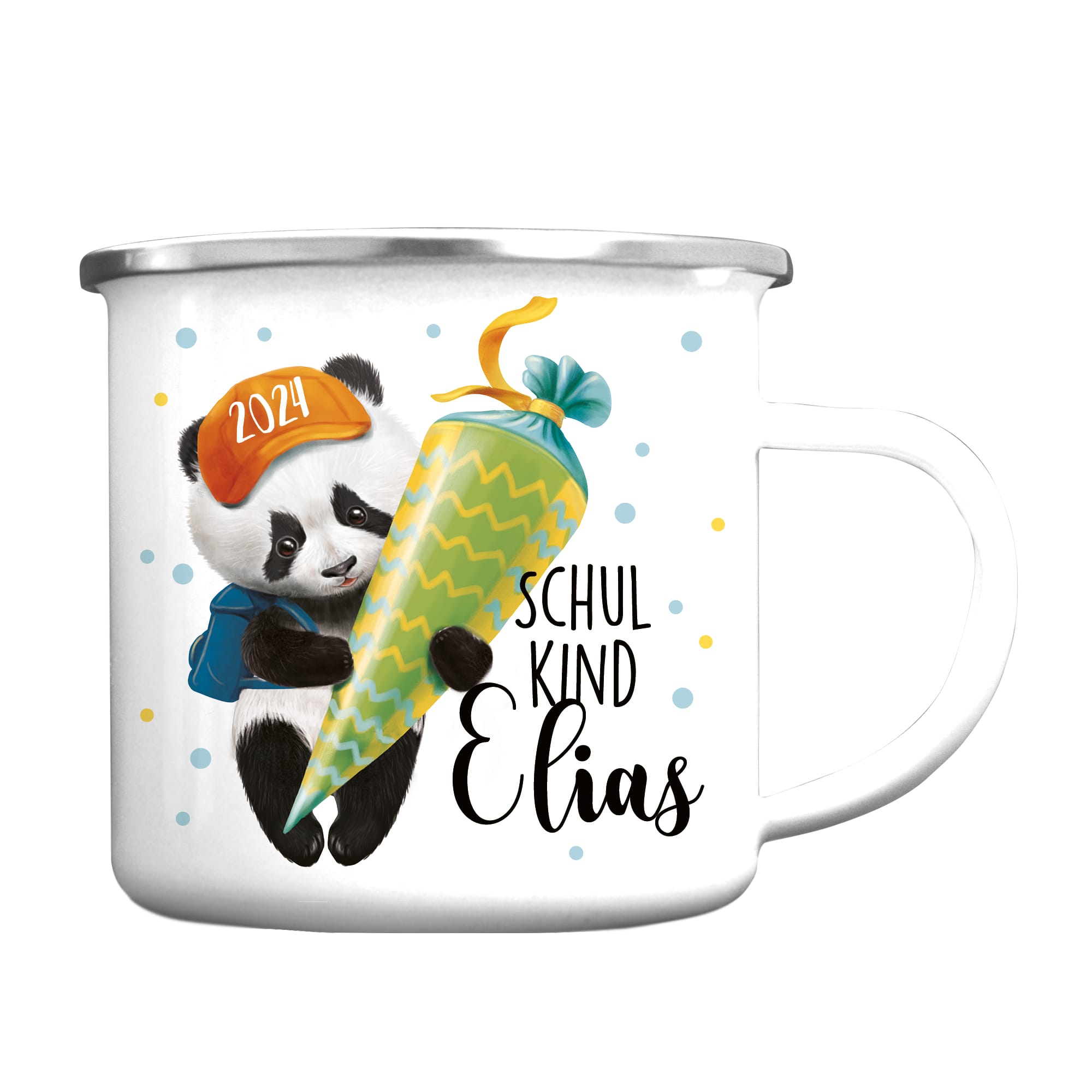 Auf dem Bild ist das Produkt: Personalisierte Emaille Kindertasse Panda Einschulungsgeschenk mit Wunschname zum Preis von €18.9 abgebildet.
