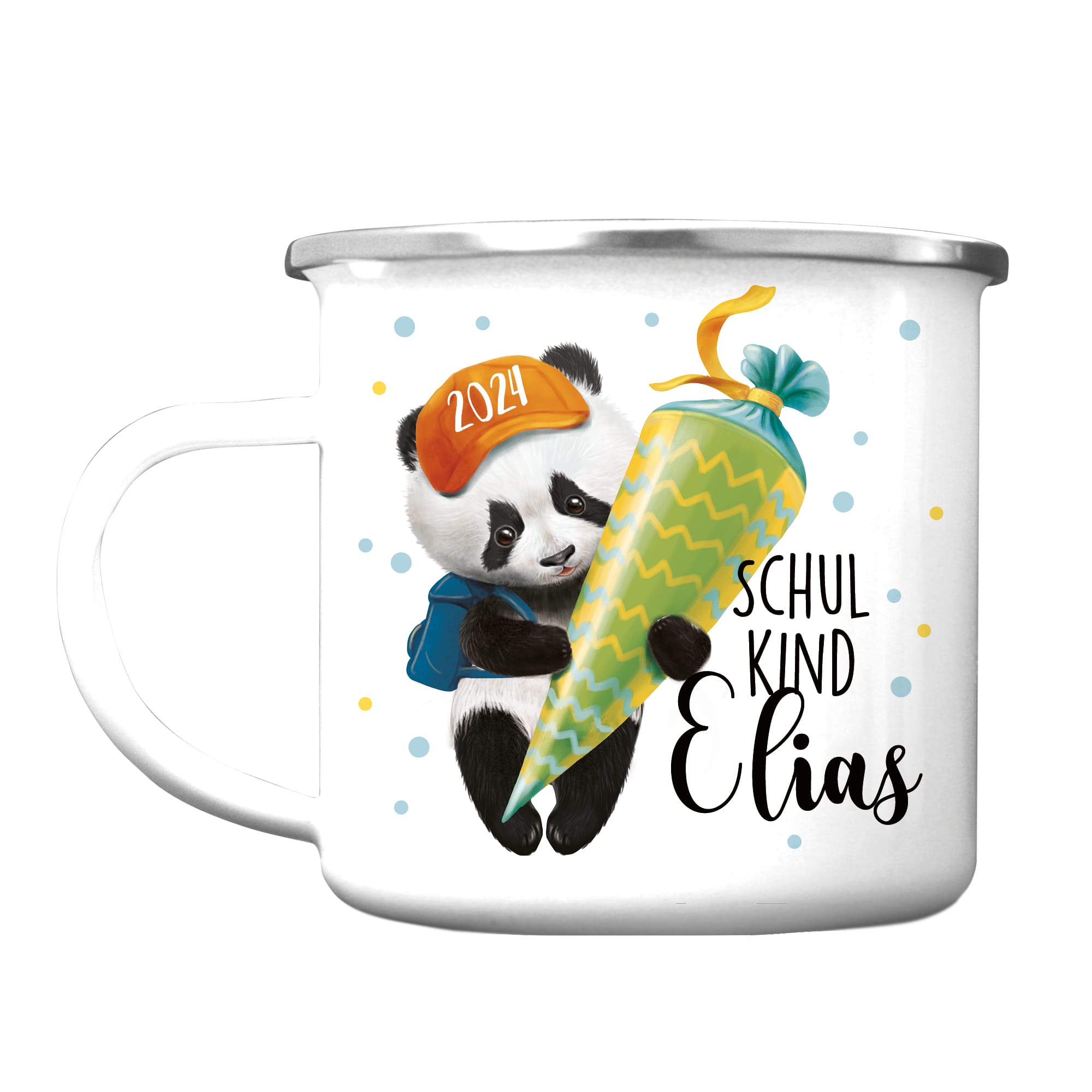 Auf dem Bild ist das Produkt: Personalisierte Emaille Kindertasse Panda Einschulungsgeschenk mit Wunschname zum Preis von €18.9 abgebildet.