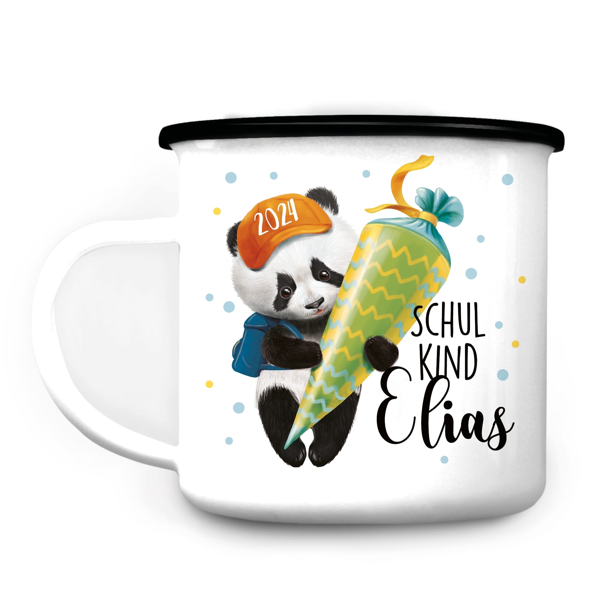 Auf dem Bild ist das Produkt: Personalisierte Emaille Kindertasse Panda Einschulungsgeschenk mit Wunschname zum Preis von €18.9 abgebildet.
