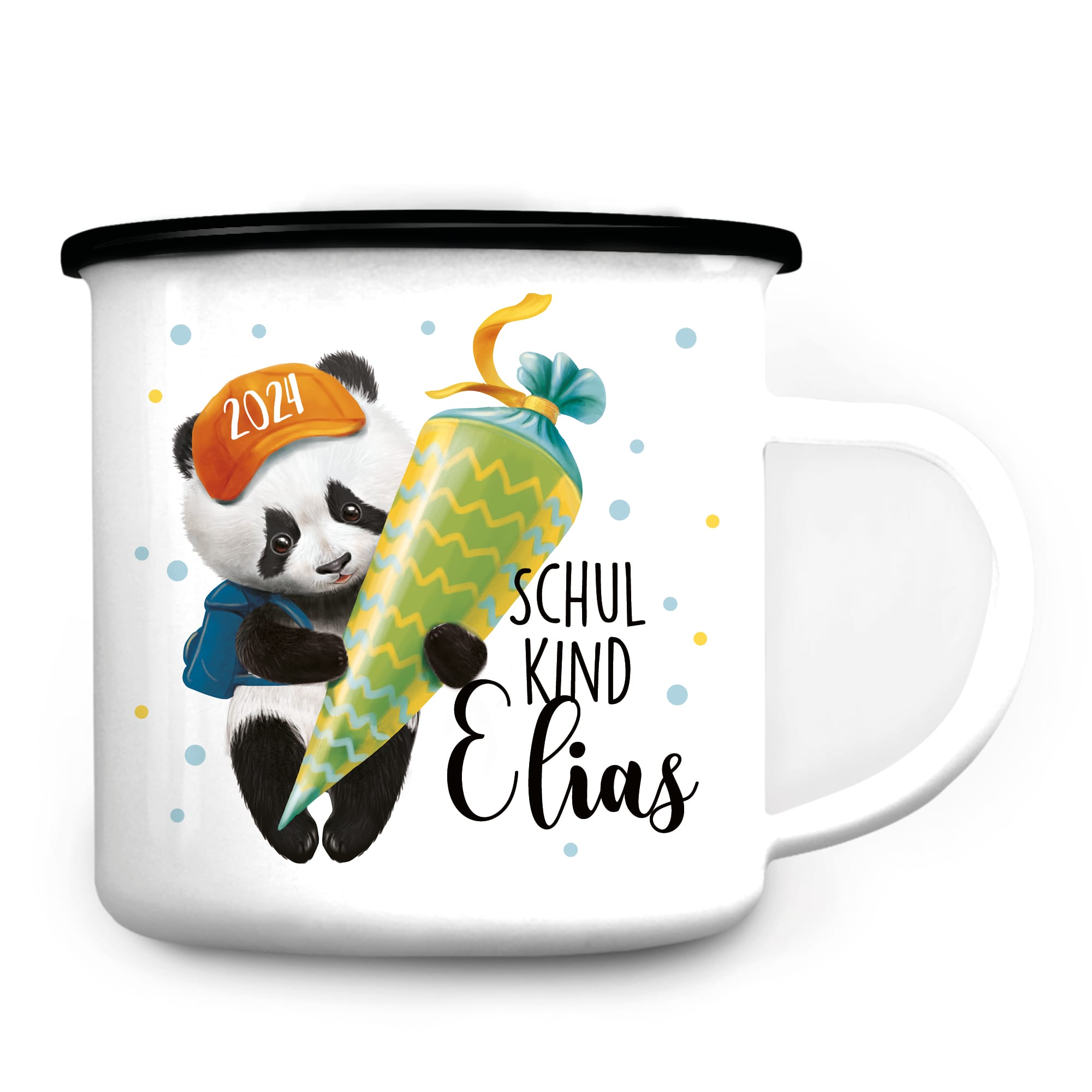 Auf dem Bild ist das Produkt: Personalisierte Emaille Kindertasse Panda Einschulungsgeschenk mit Wunschname zum Preis von €18.9 abgebildet.
