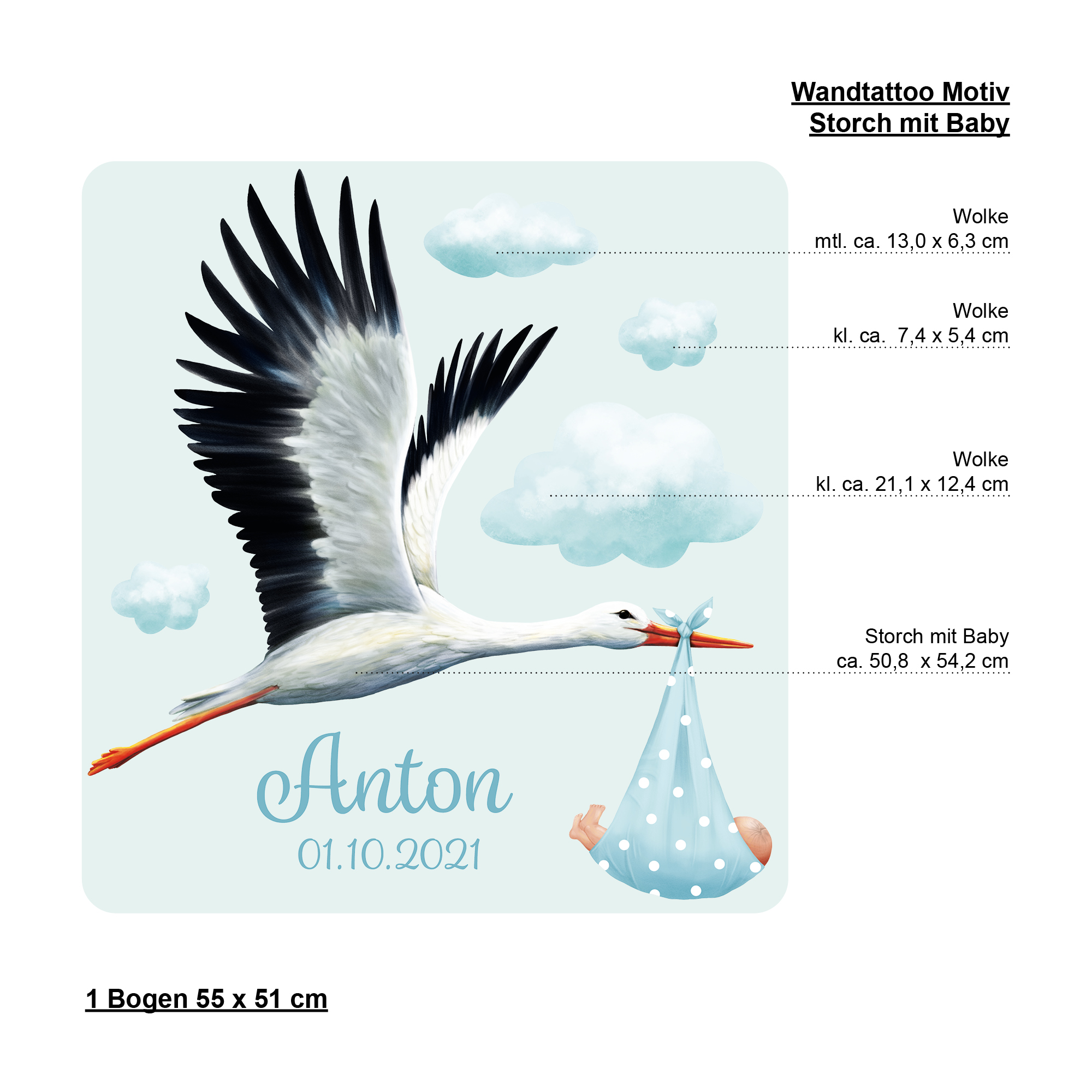 Auf dem Bild ist das Produkt: Personalisiertes Wandtattoo Kinderzimmer Storch mit Baby mit Wunschnamen und Datum Dekoration Babyzimmer zum Preis von €29.9 abgebildet.