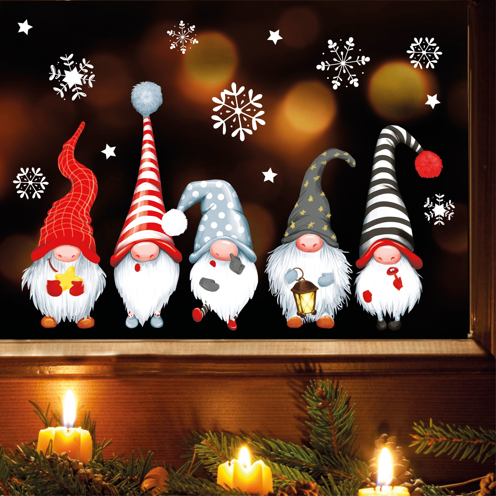 Auf dem Bild ist das Produkt: Fensterbild Weihnachten Winter 5 Zwerge Wichtel und Schneeflocken Fensteraufkleber zum Preis von €13.9 abgebildet.