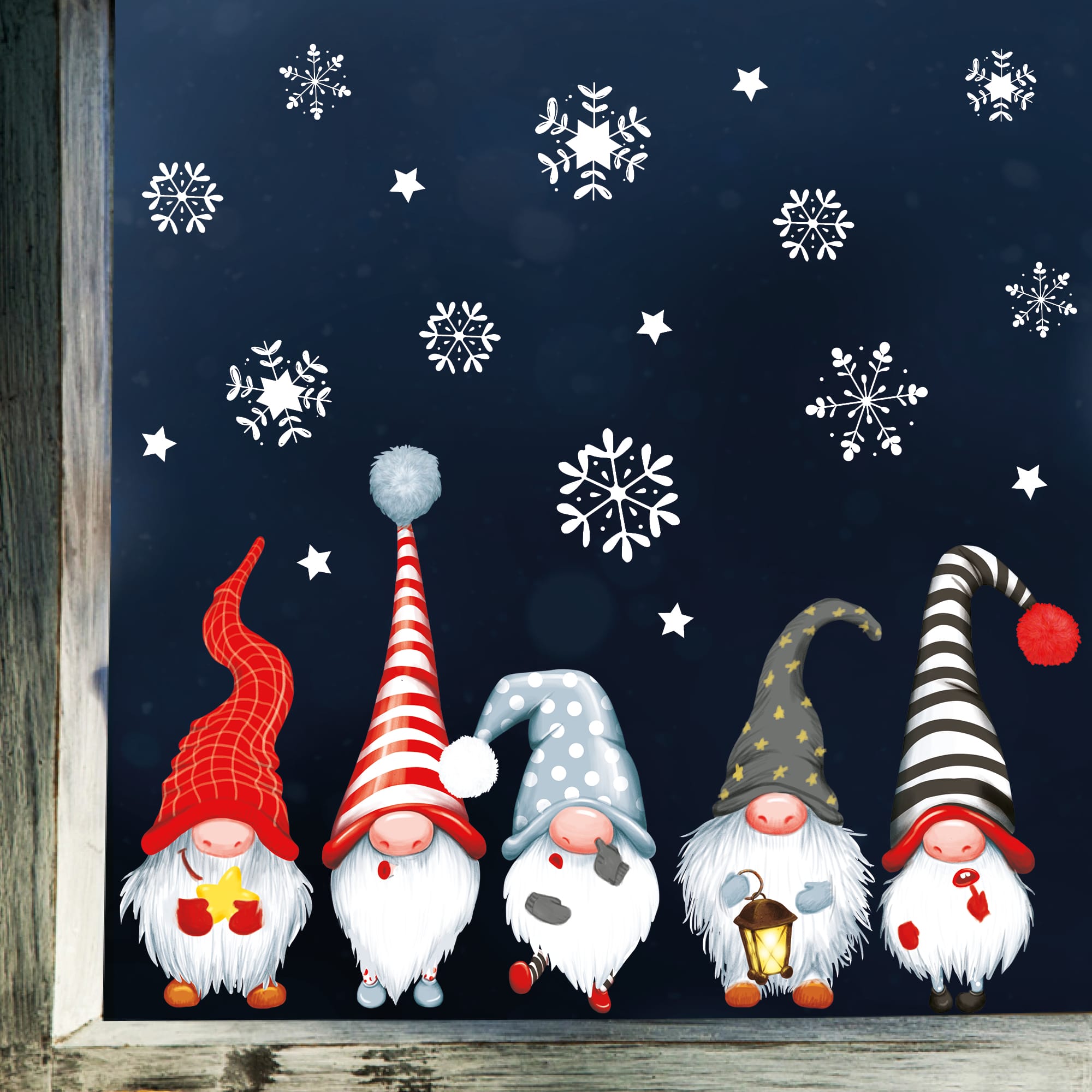 Auf dem Bild ist das Produkt: Fensterbild Weihnachten Winter 5 Zwerge Wichtel und Schneeflocken Fensteraufkleber zum Preis von €13.9 abgebildet.