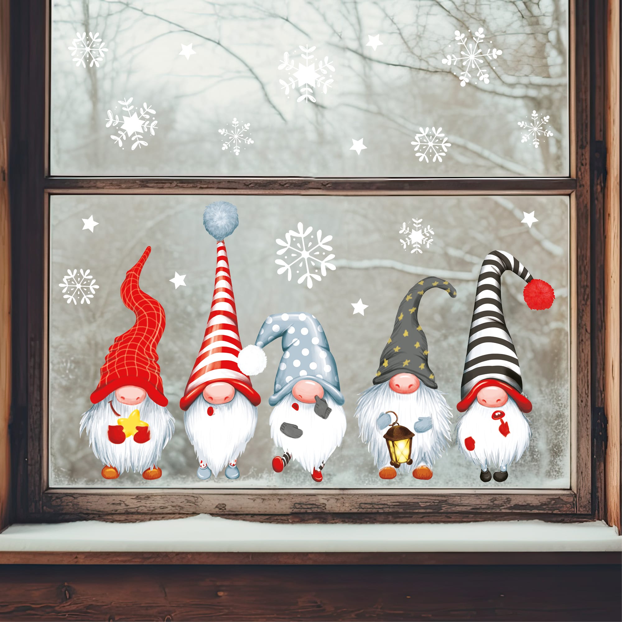 Auf dem Bild ist das Produkt: Fensterbild Weihnachten Winter 5 Zwerge Wichtel und Schneeflocken Fensteraufkleber zum Preis von €13.9 abgebildet.