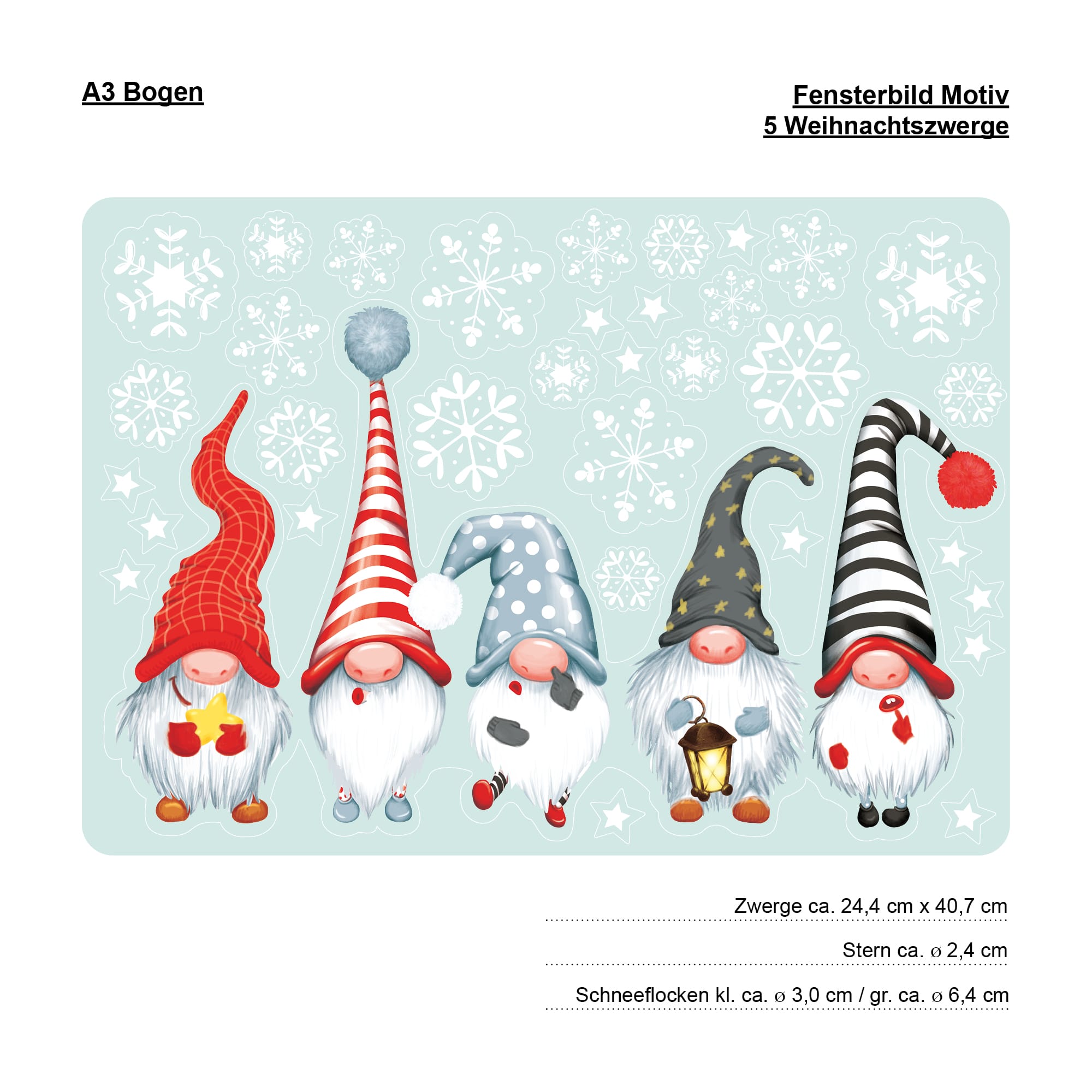Auf dem Bild ist das Produkt: Fensterbild Weihnachten Winter 5 Zwerge Wichtel und Schneeflocken Fensteraufkleber zum Preis von €13.9 abgebildet.
