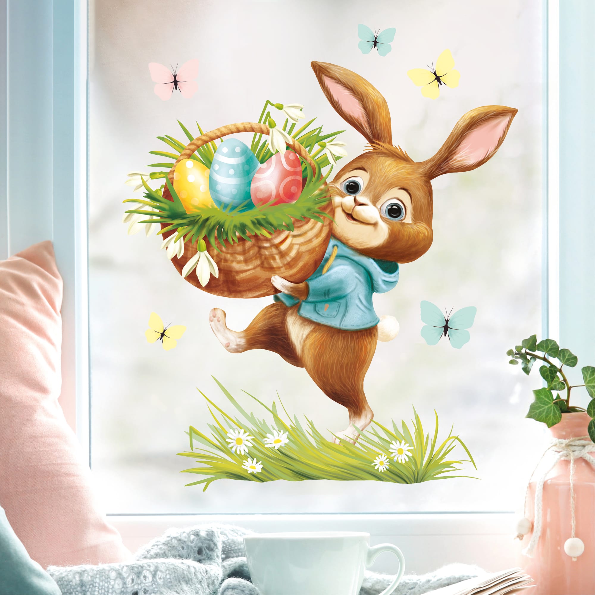 Auf dem Bild ist das Produkt: Wiederverwendbares Fensterbild Frühling Ostern Hase mit Eiern im Korb, Fensterdeko Kinderzimmer Kind, Frühlingsdeko, Osterdeko zum Preis von €13.90 abgebildet.