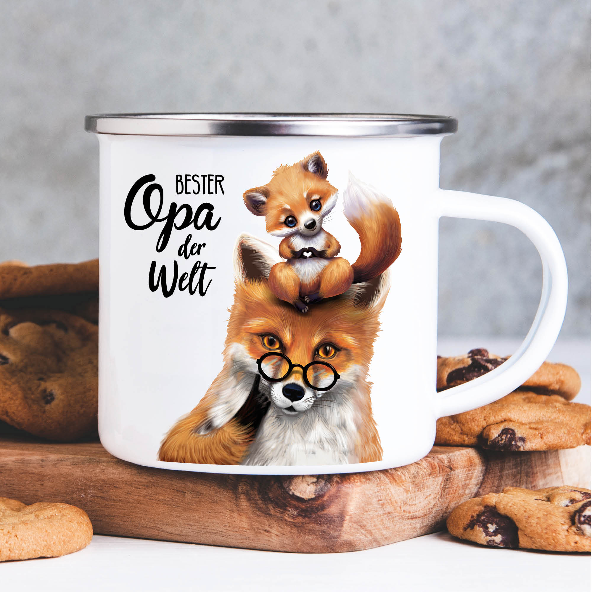 Emaille Campingbecher Fuchs Bester Opa der Welt Kaffeetasse Geschenk Geburtstag Vatertag