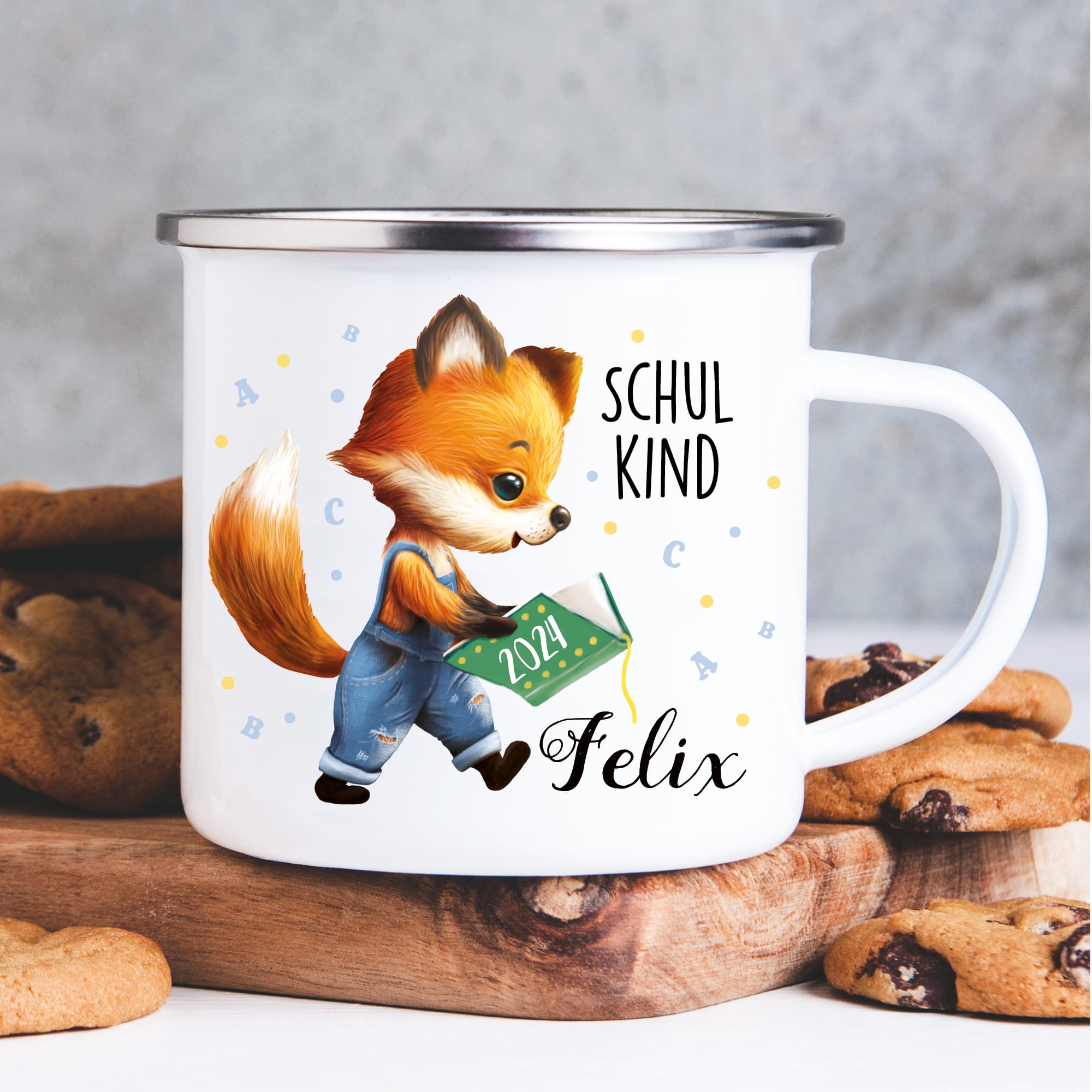 Kindertasse Emaille Becher Fuchs Schulkind Einschulung Geschenk Outdoorgeschirr Schulanfang