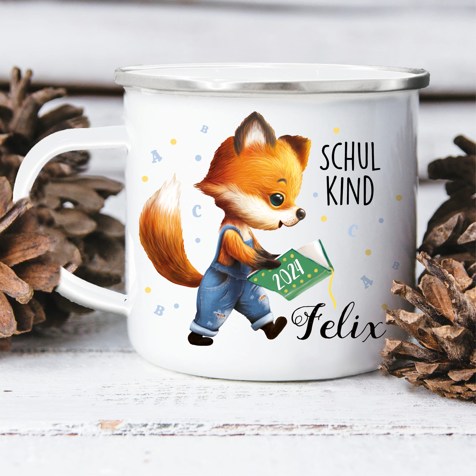 Auf dem Bild ist das Produkt: Kindertasse Emaille Becher Fuchs Schulkind Einschulung Geschenk Outdoorgeschirr Schulanfang zum Preis von €18.90 abgebildet.