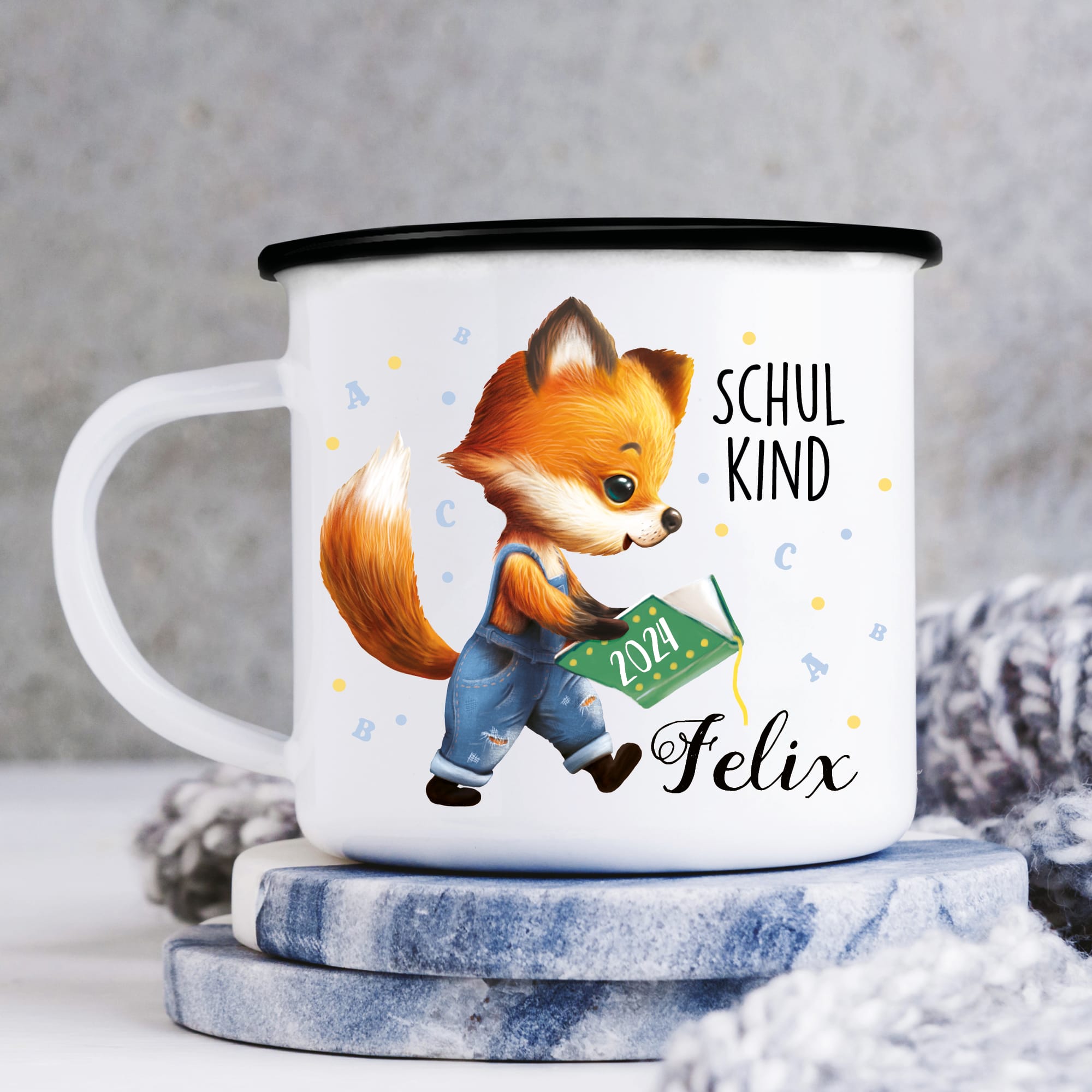 Auf dem Bild ist das Produkt: Kindertasse Emaille Becher Fuchs Schulkind Einschulung Geschenk Outdoorgeschirr Schulanfang zum Preis von €18.90 abgebildet.