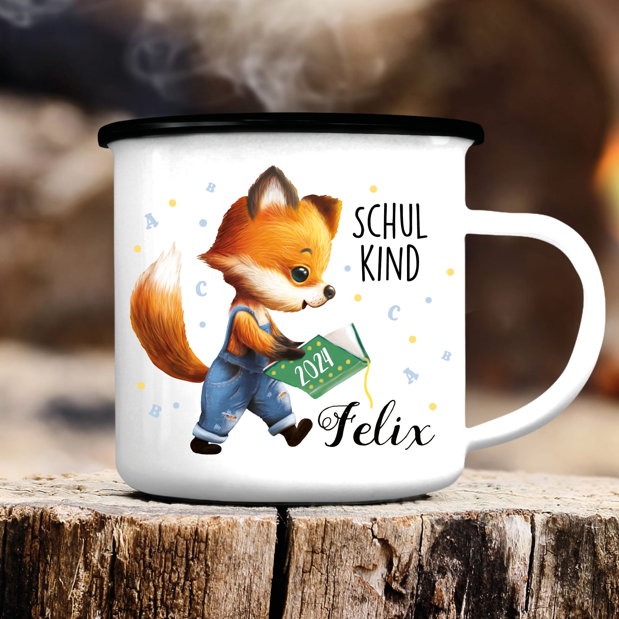 Auf dem Bild ist das Produkt: Kindertasse Emaille Becher Fuchs Schulkind Einschulung Geschenk Outdoorgeschirr Schulanfang zum Preis von €18.90 abgebildet.