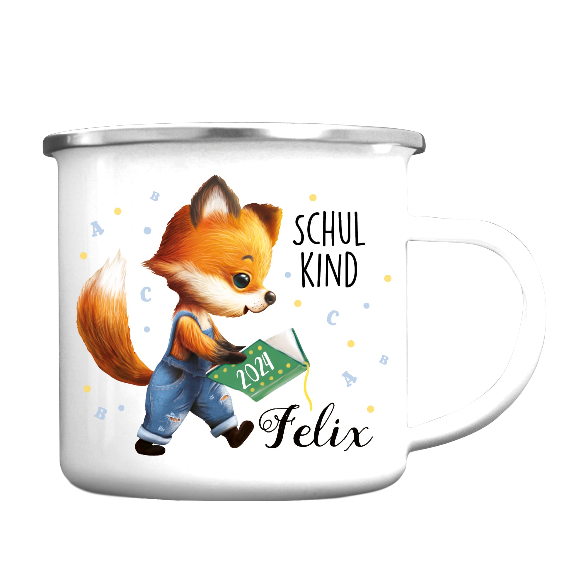 Auf dem Bild ist das Produkt: Kindertasse Emaille Becher Fuchs Schulkind Einschulung Geschenk Outdoorgeschirr Schulanfang zum Preis von €18.90 abgebildet.