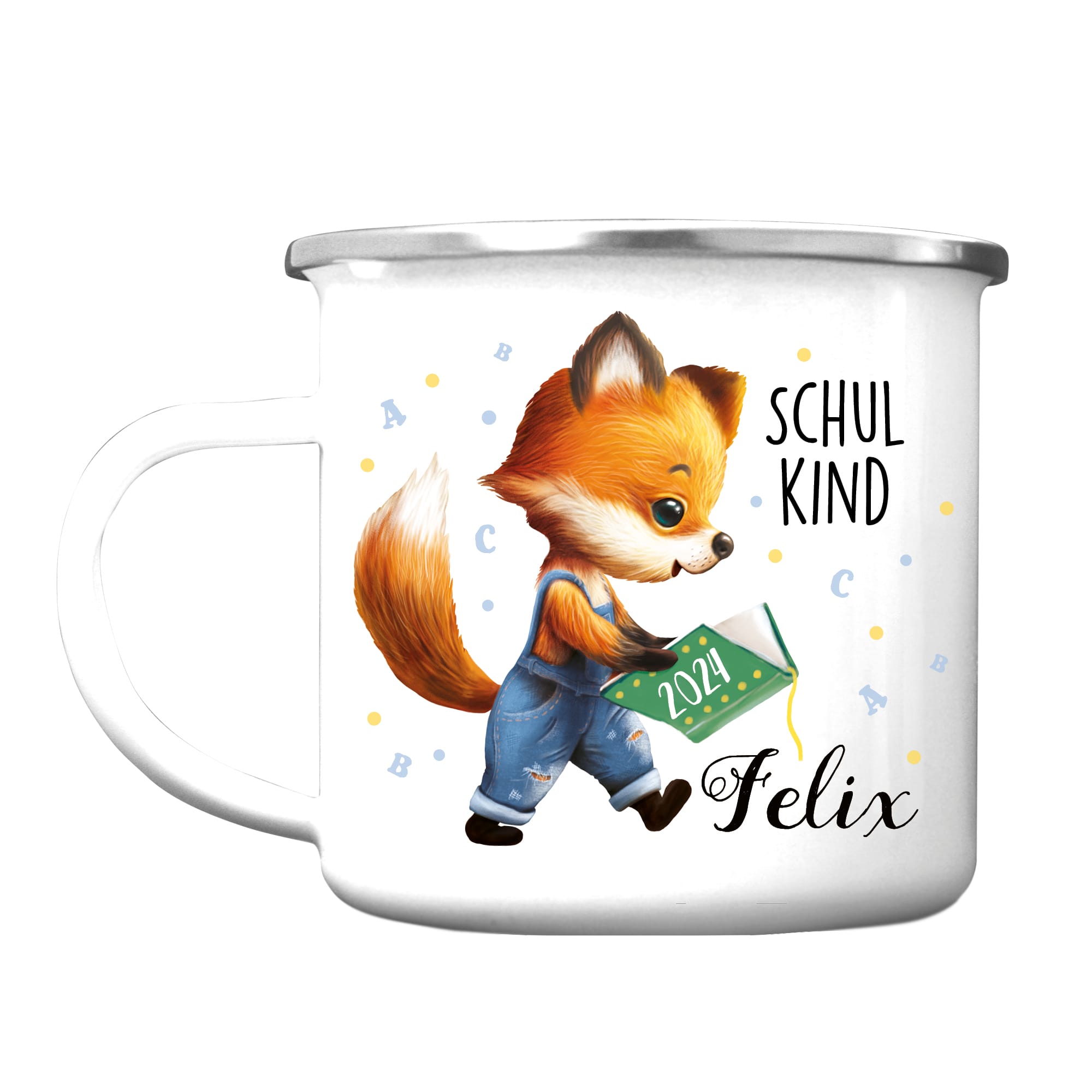 Auf dem Bild ist das Produkt: Kindertasse Emaille Becher Fuchs Schulkind Einschulung Geschenk Outdoorgeschirr Schulanfang zum Preis von €18.90 abgebildet.
