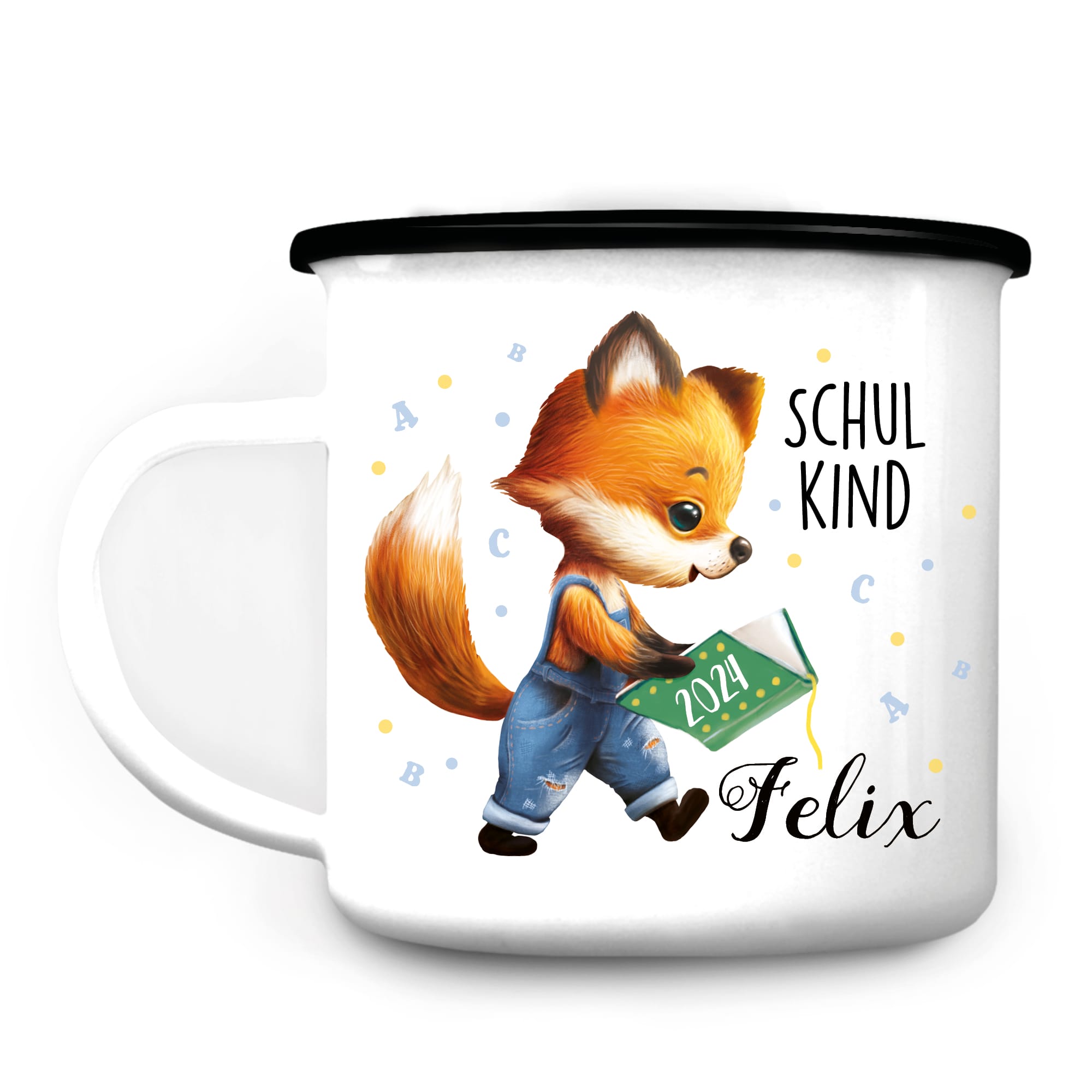 Auf dem Bild ist das Produkt: Kindertasse Emaille Becher Fuchs Schulkind Einschulung Geschenk Outdoorgeschirr Schulanfang zum Preis von €18.90 abgebildet.
