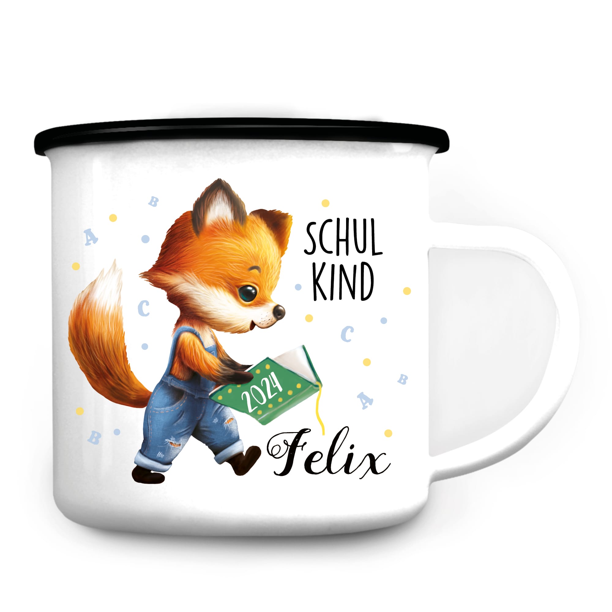 Auf dem Bild ist das Produkt: Kindertasse Emaille Becher Fuchs Schulkind Einschulung Geschenk Outdoorgeschirr Schulanfang zum Preis von €18.90 abgebildet.
