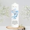 Auf dem Bild ist das Produkt: Taufkerze Wal und blaues Kreuz mit Wunschdaten bedruckt mit Namen Datum und Taufspruch Personalisiert zum Preis von €5.90 abgebildet.