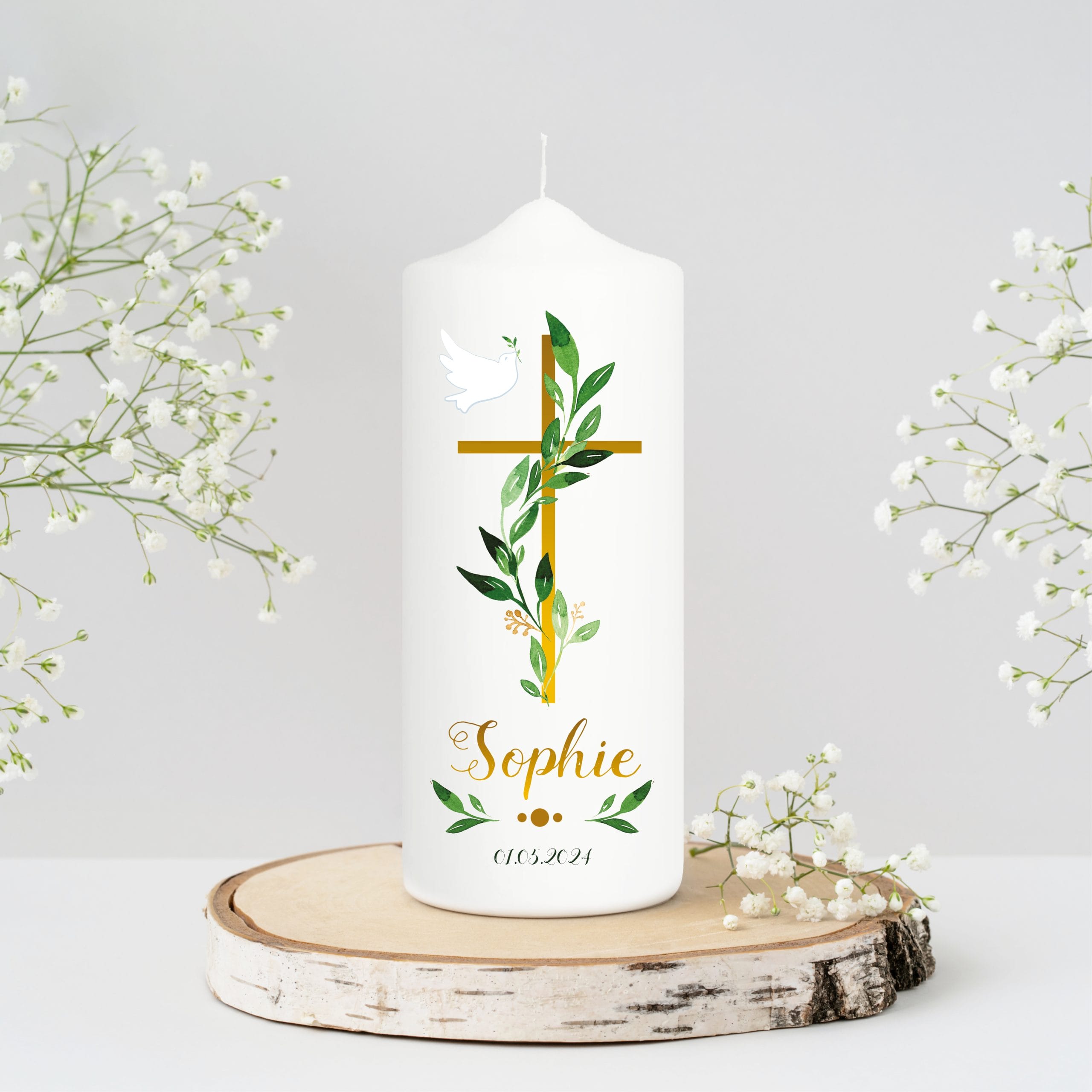 Auf dem Bild ist das Produkt: Taufkerze Blätter Kreuz Kerze zur Taufe mit Namen Junge Mädchen Personalisiert Datum Taufspruch zum Preis von €5.90 abgebildet.