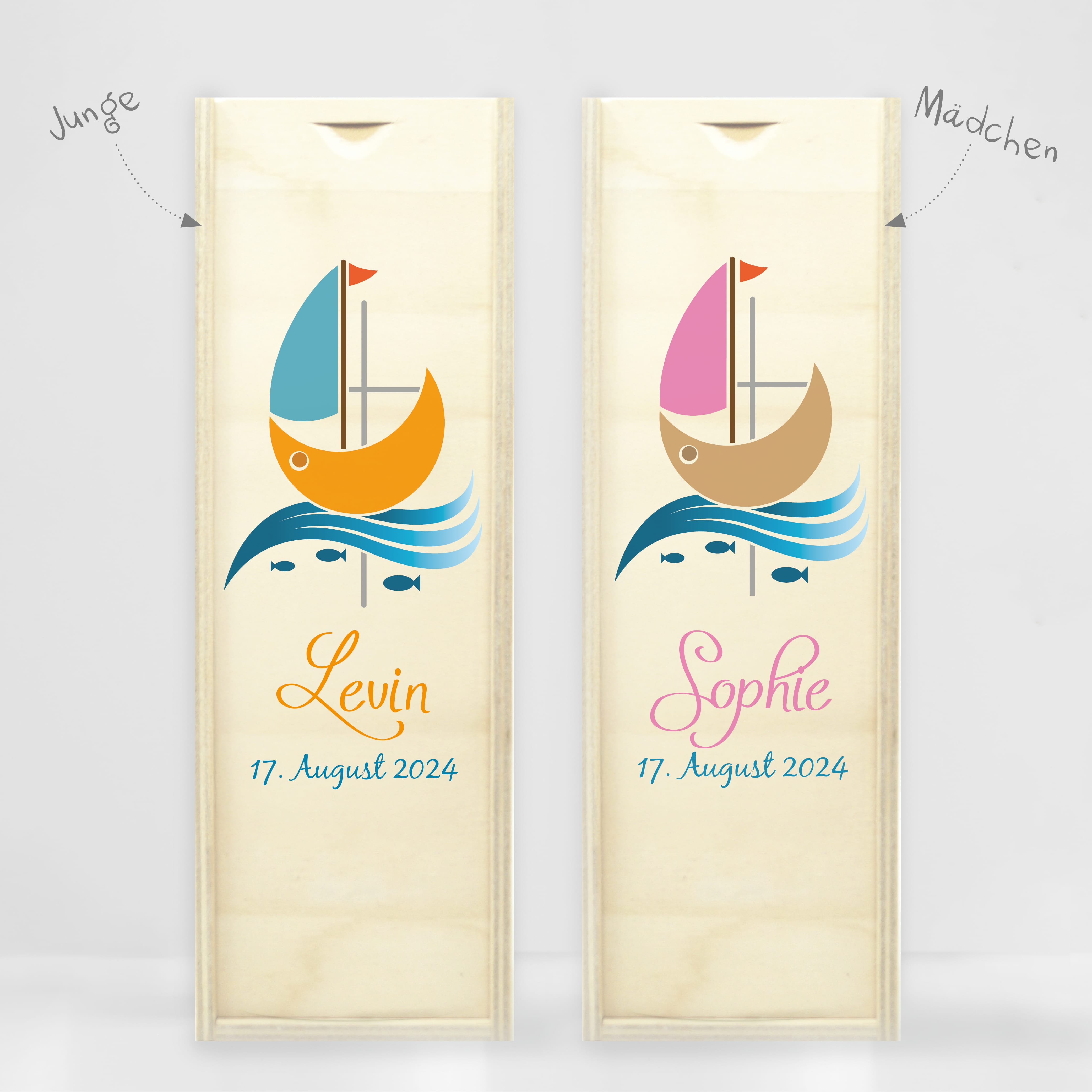 Auf dem Bild ist das Produkt: weiße Taufkerze Kerze zur Taufe oder Geburt Schiff Jesuskreuz Taufspruch mit Wunschname & Datum zum Preis von €5.9 abgebildet.