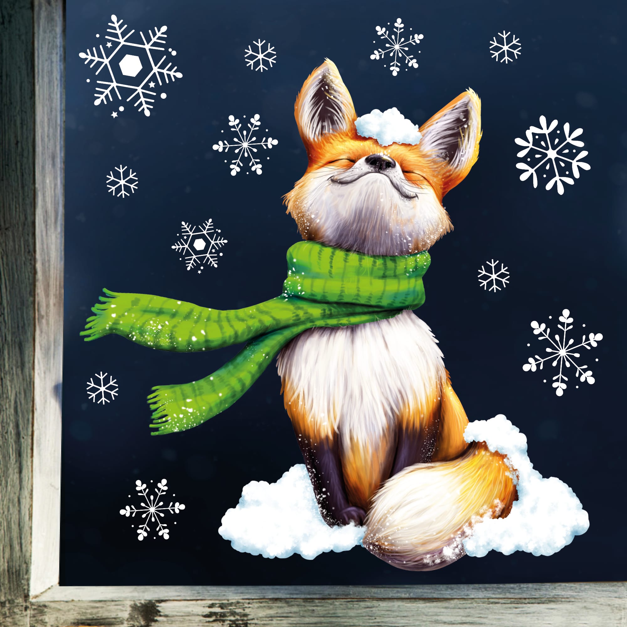 Auf dem Bild ist das Produkt: Fensterbild Weihnachten Winter Fuchs mit Schal und Schneeflocken Fensteraufkleber wiederverwendbar zum Preis von €13.90 abgebildet.