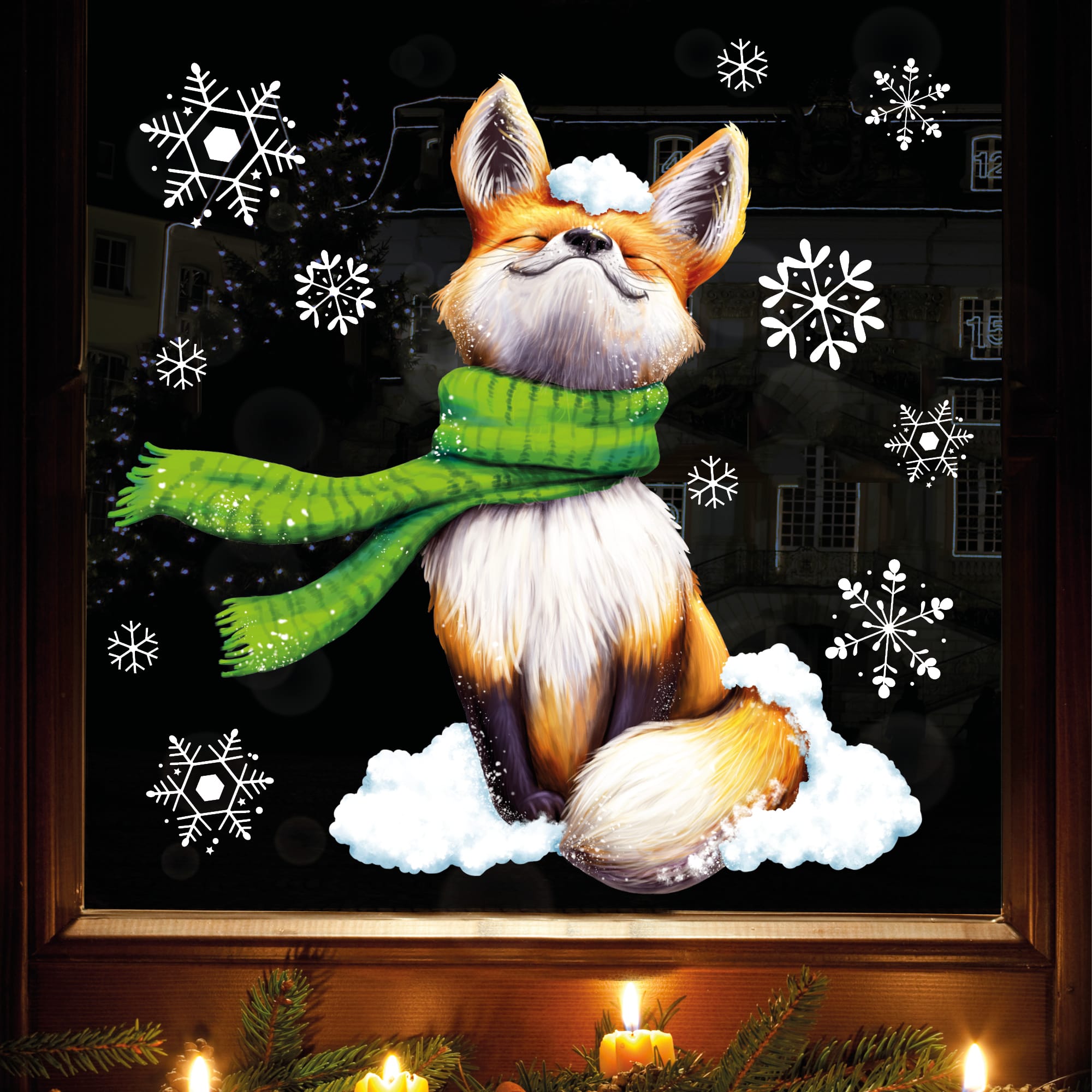 Auf dem Bild ist das Produkt: Fensterbild Weihnachten Winter Fuchs mit Schal und Schneeflocken Fensteraufkleber wiederverwendbar zum Preis von €13.90 abgebildet.