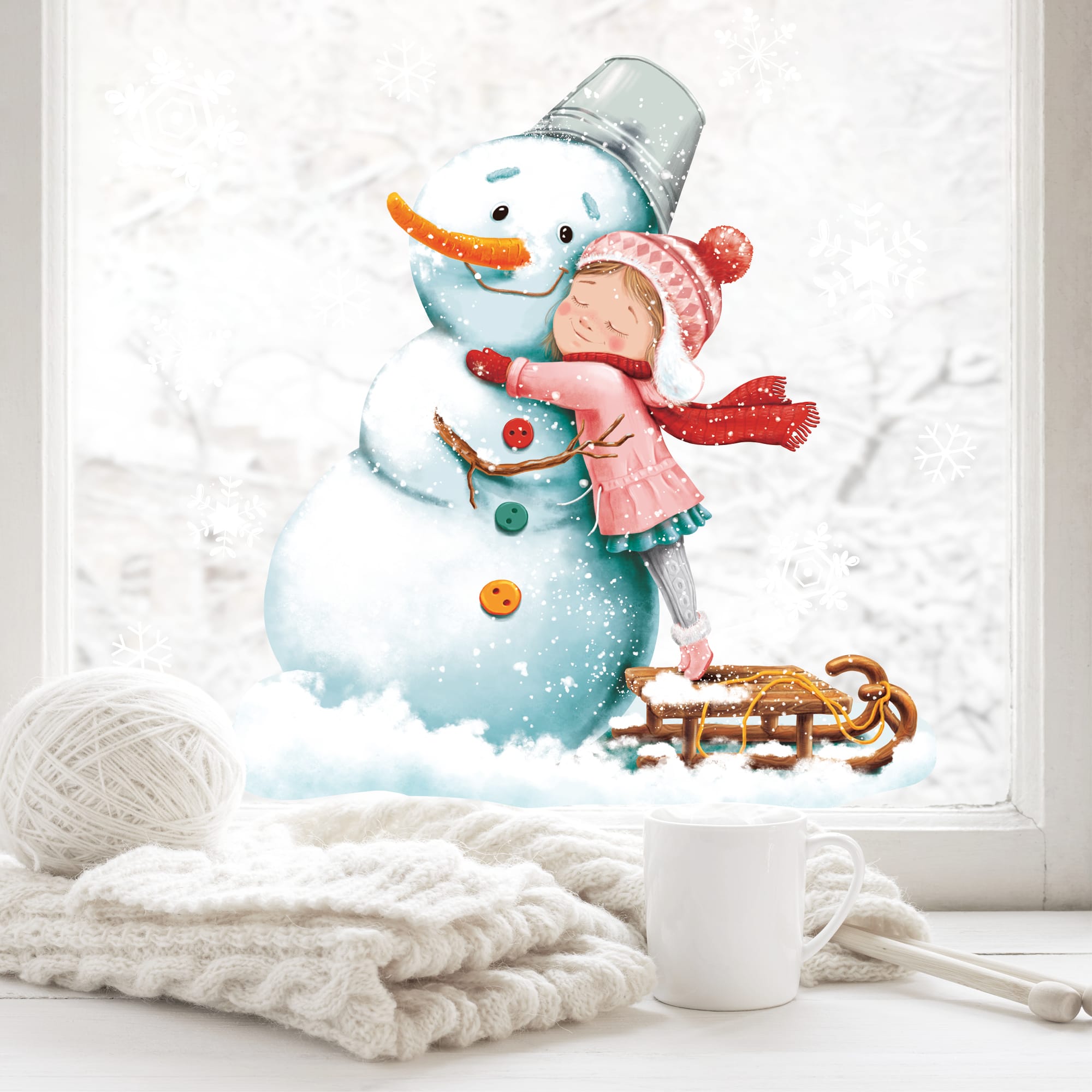 Auf dem Bild ist das Produkt: Fensterbild Weihnachten Winter Schneemann mit Mädchen und Schneeflocken Fensteraufkleber Weihnachtsdekoration Winterdekoration zum Preis von €13.90 abgebildet.