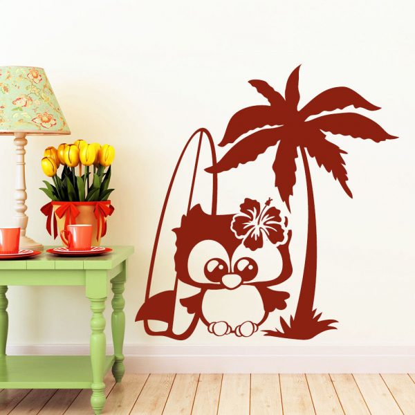 Auf dem Bild ist das Produkt: 10710 Wandtattoo Loft Aufkleber Eule Surfer Girl Hawaii Surfbrett Palme Meer See zum Preis von €13.9 abgebildet.