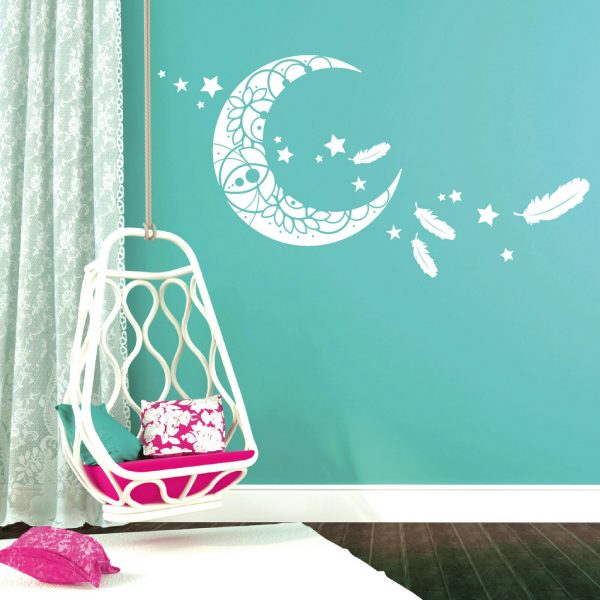 Auf dem Bild ist das Produkt: 11118 Wandtattoo Mond Sterne Feder Schlaf Schlafzimmer Moon Star Weiß Träumen zum Preis von €27.9 abgebildet.