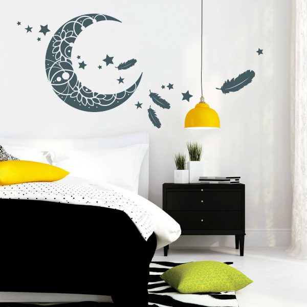 Auf dem Bild ist das Produkt: 11118 Wandtattoo Mond Sterne Feder Schlaf Schlafzimmer Moon Star Weiß Träumen zum Preis von €27.9 abgebildet.