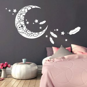 Auf dem Bild ist das Produkt: 11118 Wandtattoo Mond Sterne Feder Schlaf Schlafzimmer Moon Star Weiß Träumen zum Preis von €27.9 abgebildet.