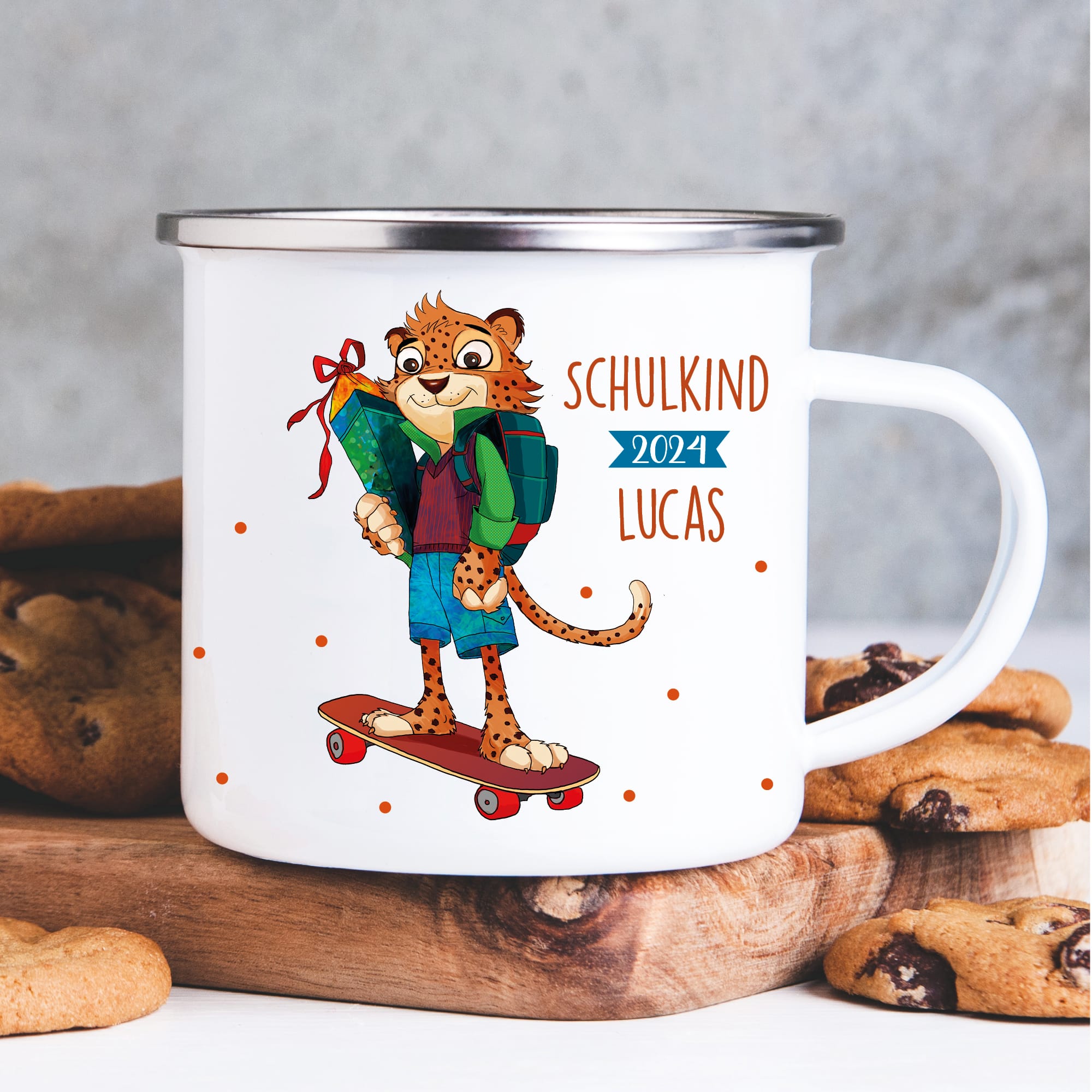 Kindertasse Emaille Leopard Skateboard personalisiert mit Wunschnamen Einschulungsgeschenk 300 ml weiß