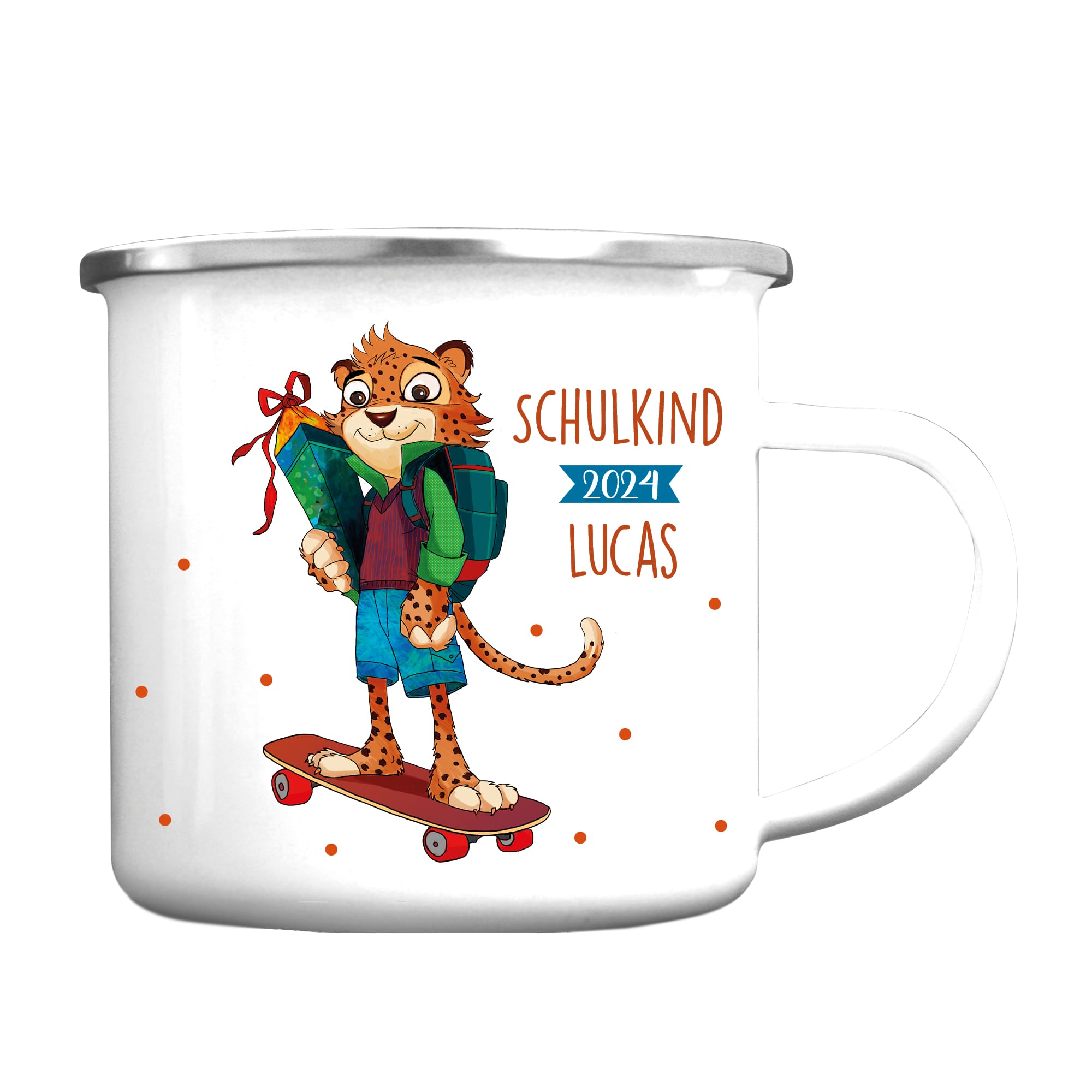 Auf dem Bild ist das Produkt: Kindertasse Emaille Leopard Skateboard personalisiert mit Wunschnamen Einschulungsgeschenk 300 ml weiß zum Preis von €18.9 abgebildet.