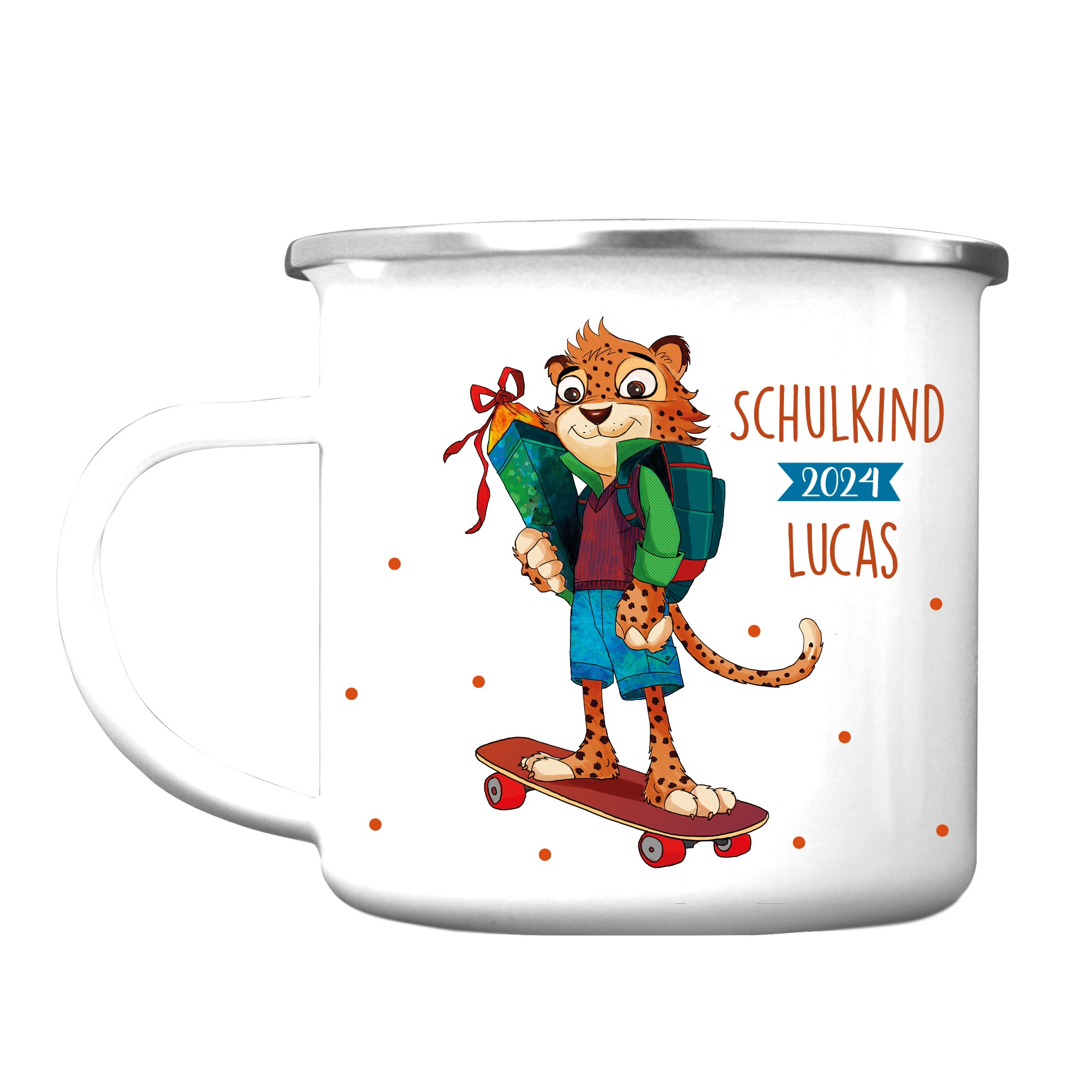 Auf dem Bild ist das Produkt: Kindertasse Emaille Leopard Skateboard personalisiert mit Wunschnamen Einschulungsgeschenk 300 ml weiß zum Preis von €18.9 abgebildet.