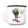 Auf dem Bild ist das Produkt: Kindertasse Emaille Leopard Skateboard personalisiert mit Wunschnamen Einschulungsgeschenk 300 ml weiß zum Preis von €18.9 abgebildet.