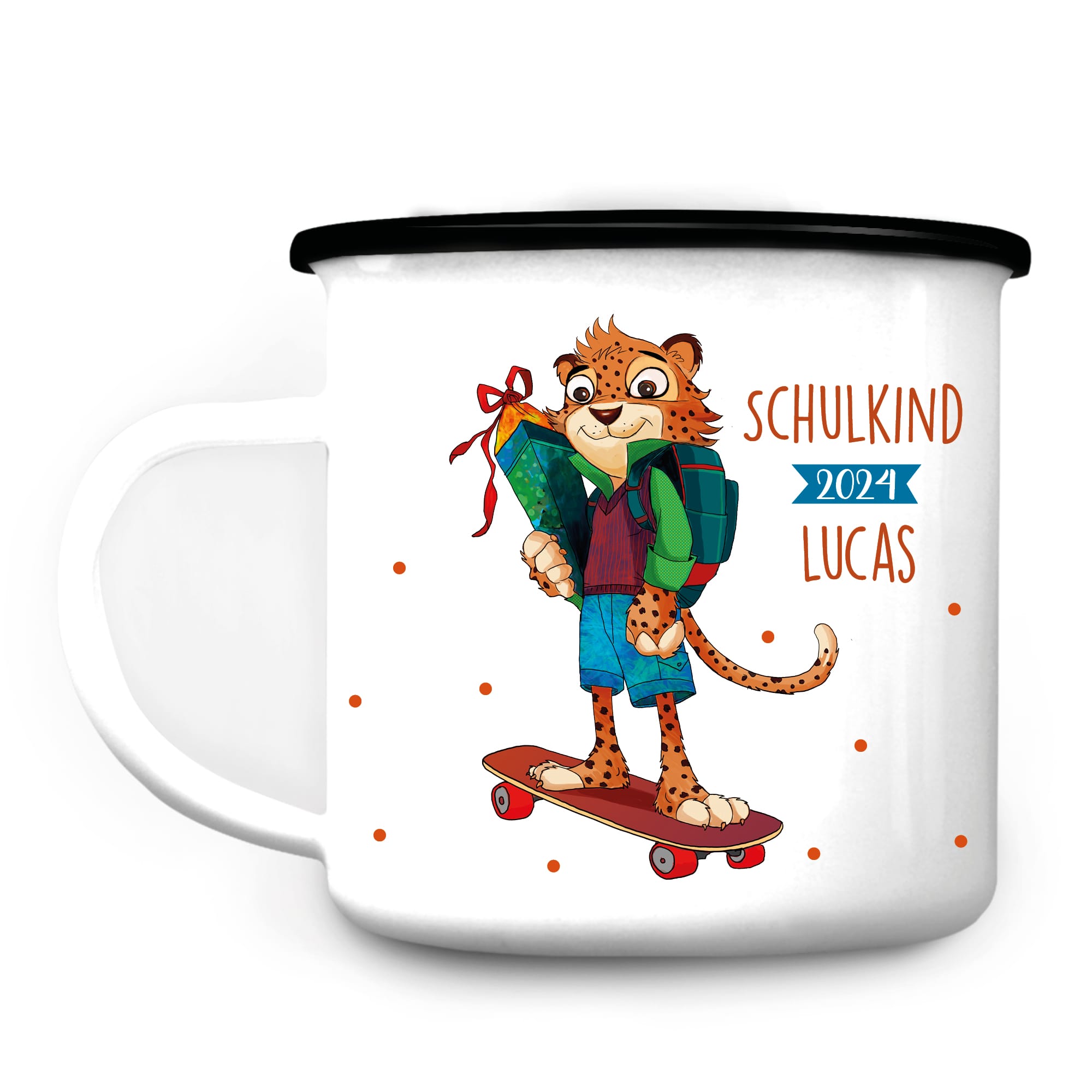 Auf dem Bild ist das Produkt: Kindertasse Emaille Leopard Skateboard personalisiert mit Wunschnamen Einschulungsgeschenk 300 ml weiß zum Preis von €18.9 abgebildet.