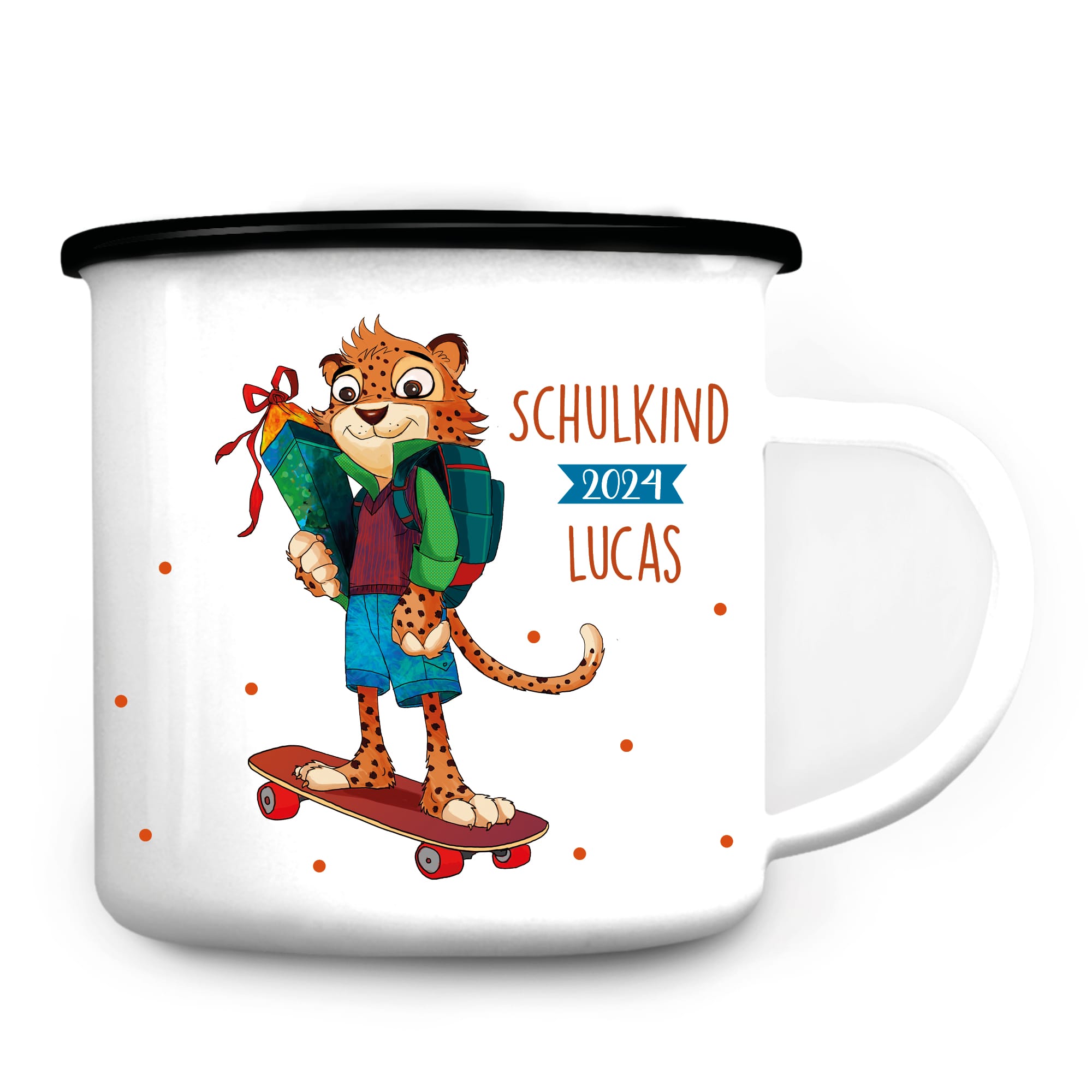Auf dem Bild ist das Produkt: Kindertasse Emaille Leopard Skateboard personalisiert mit Wunschnamen Einschulungsgeschenk 300 ml weiß zum Preis von €18.9 abgebildet.