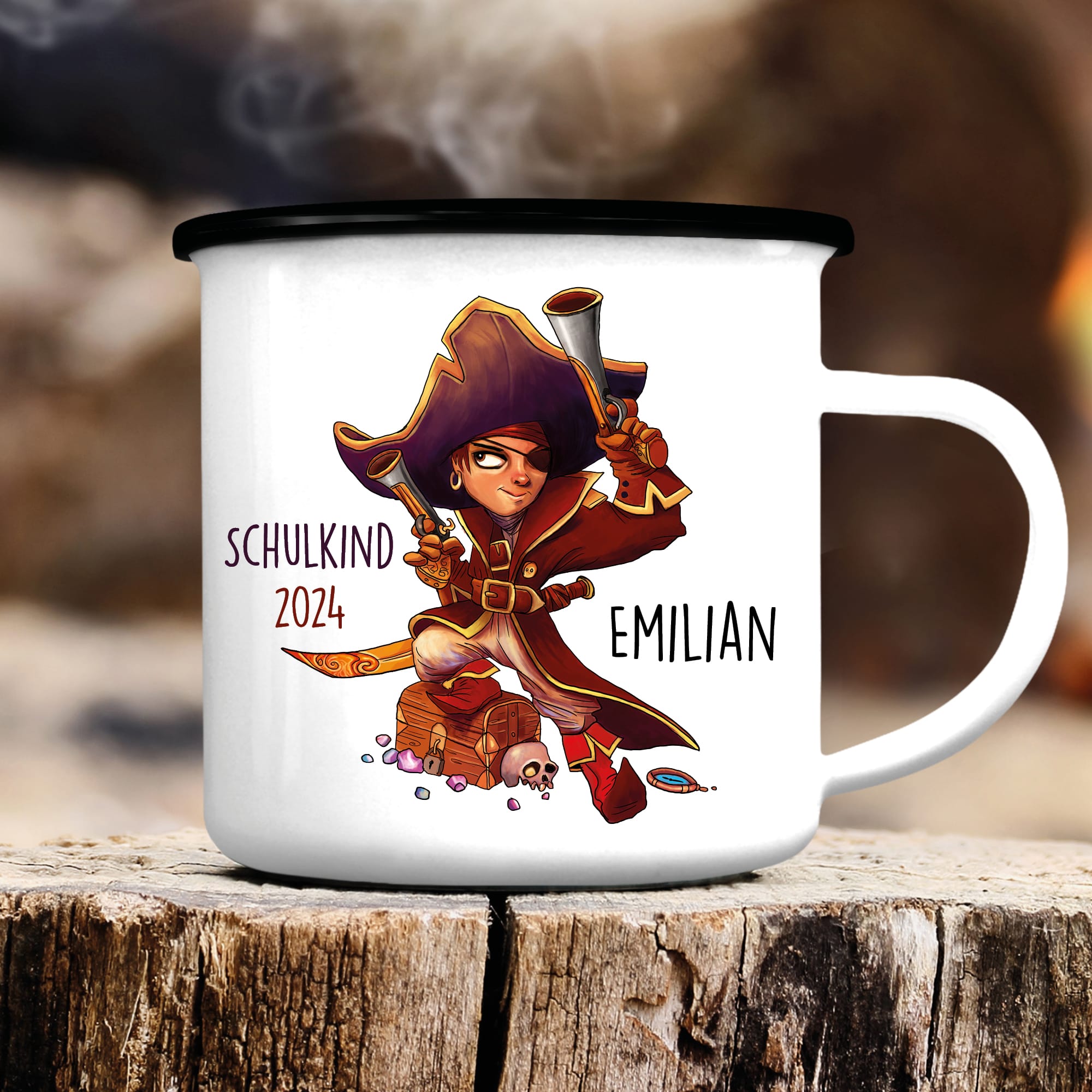 Kindertasse Emaille Campingbecher Junge Pirat Schatztruhe personalisiert mit Wunschnamen anpassbares Einschulungsgeschenk individualisierbar