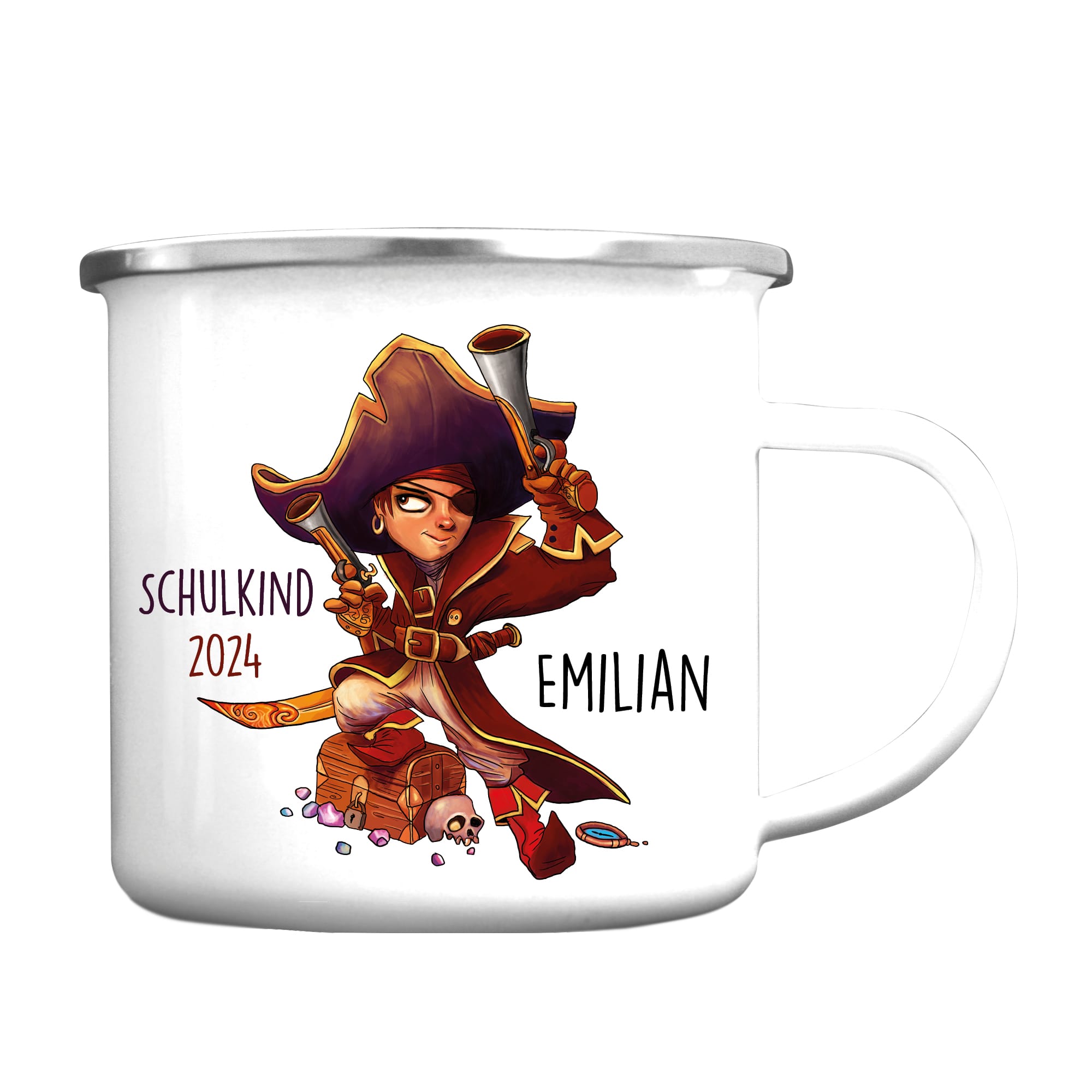 Auf dem Bild ist das Produkt: Kindertasse Emaille Campingbecher Junge Pirat Schatztruhe personalisiert mit Wunschnamen anpassbares Einschulungsgeschenk individualisierbar zum Preis von €18.9 abgebildet.