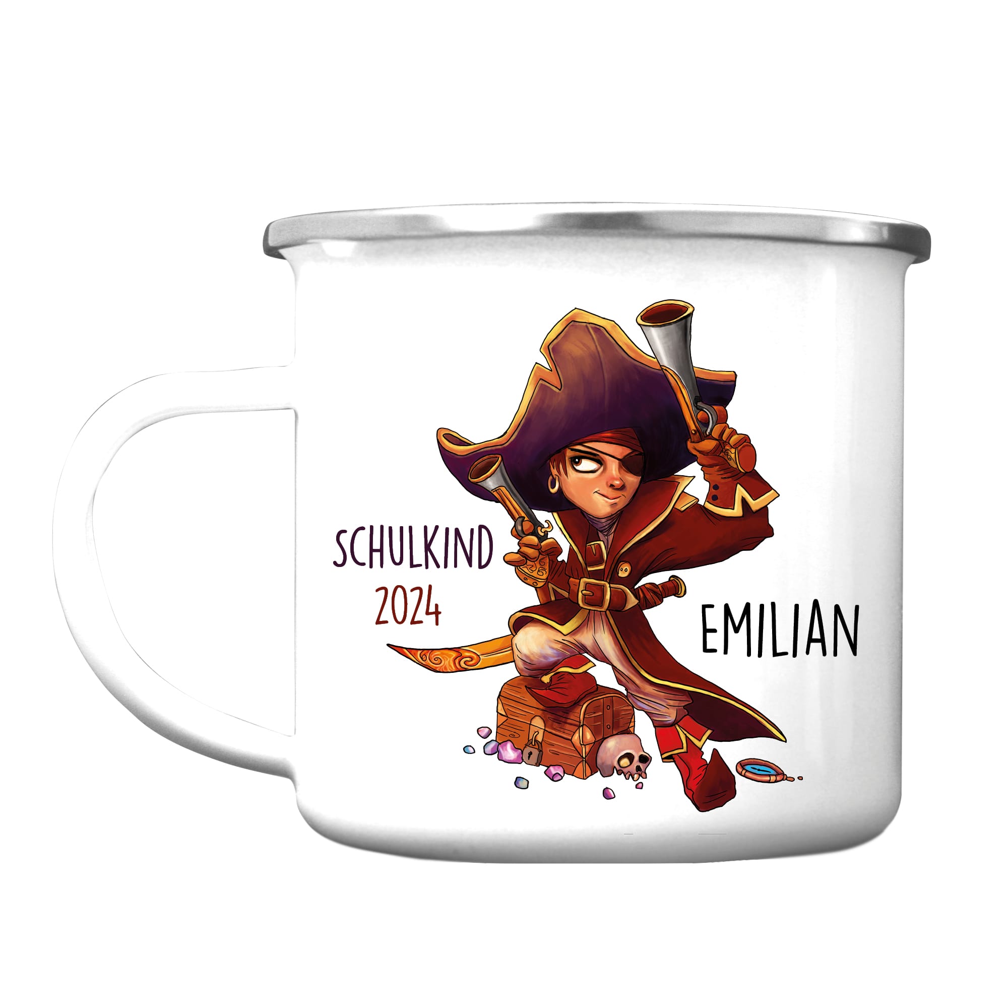Auf dem Bild ist das Produkt: Kindertasse Emaille Campingbecher Junge Pirat Schatztruhe personalisiert mit Wunschnamen anpassbares Einschulungsgeschenk individualisierbar zum Preis von €18.9 abgebildet.