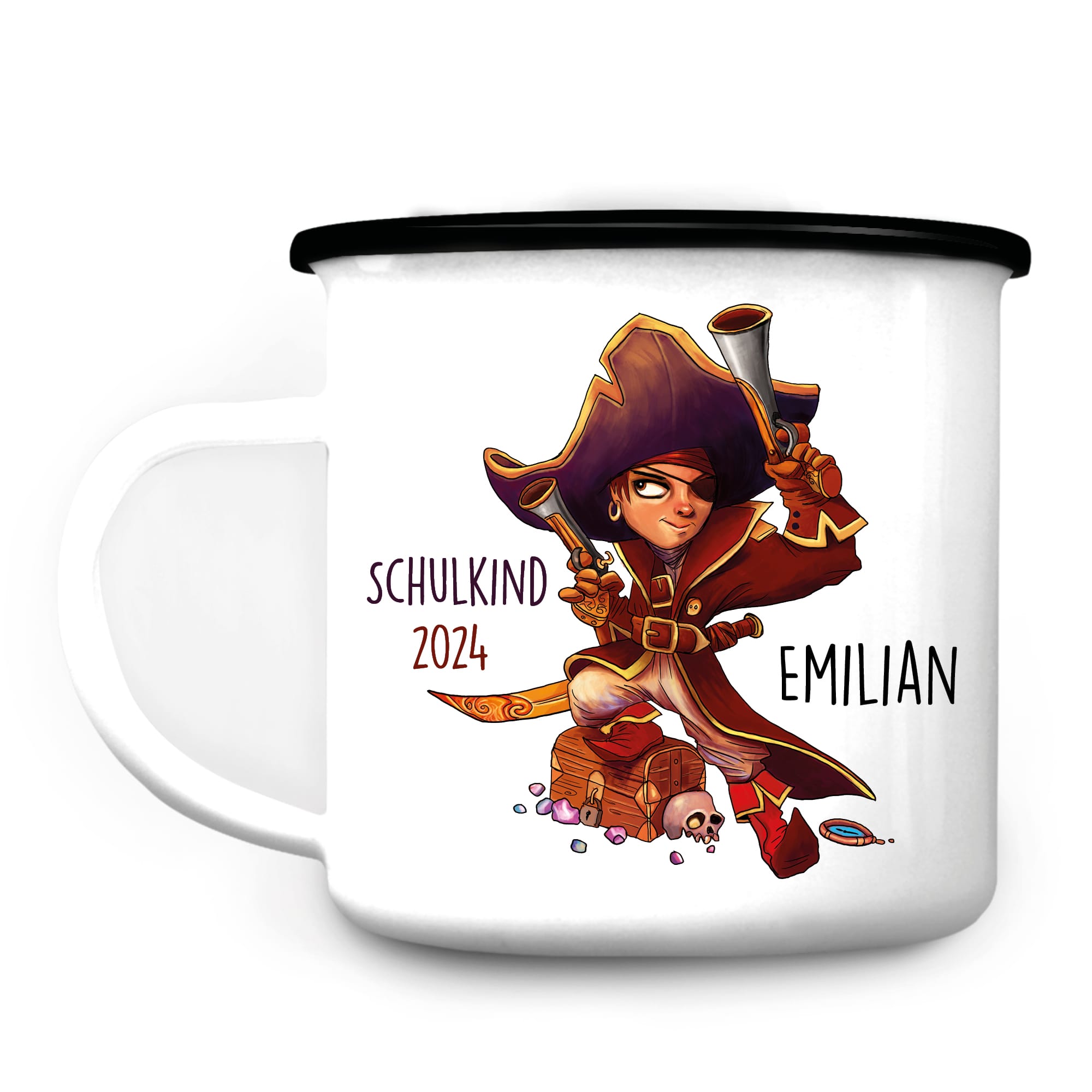 Auf dem Bild ist das Produkt: Kindertasse Emaille Campingbecher Junge Pirat Schatztruhe personalisiert mit Wunschnamen anpassbares Einschulungsgeschenk individualisierbar zum Preis von €18.9 abgebildet.