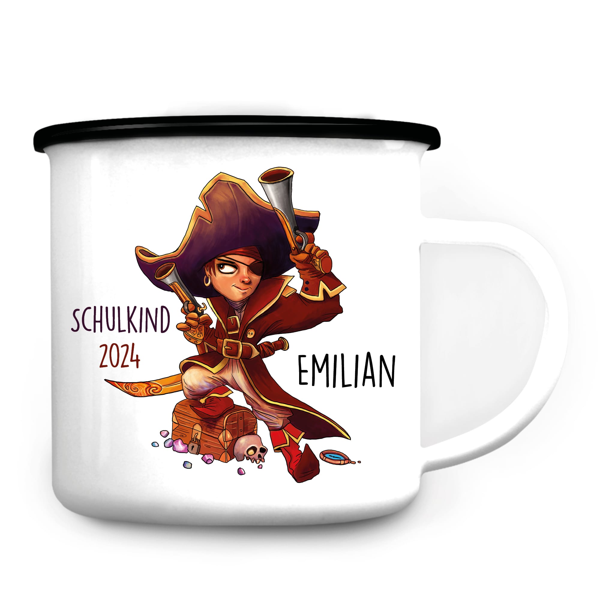 Auf dem Bild ist das Produkt: Kindertasse Emaille Campingbecher Junge Pirat Schatztruhe personalisiert mit Wunschnamen anpassbares Einschulungsgeschenk individualisierbar zum Preis von €18.9 abgebildet.
