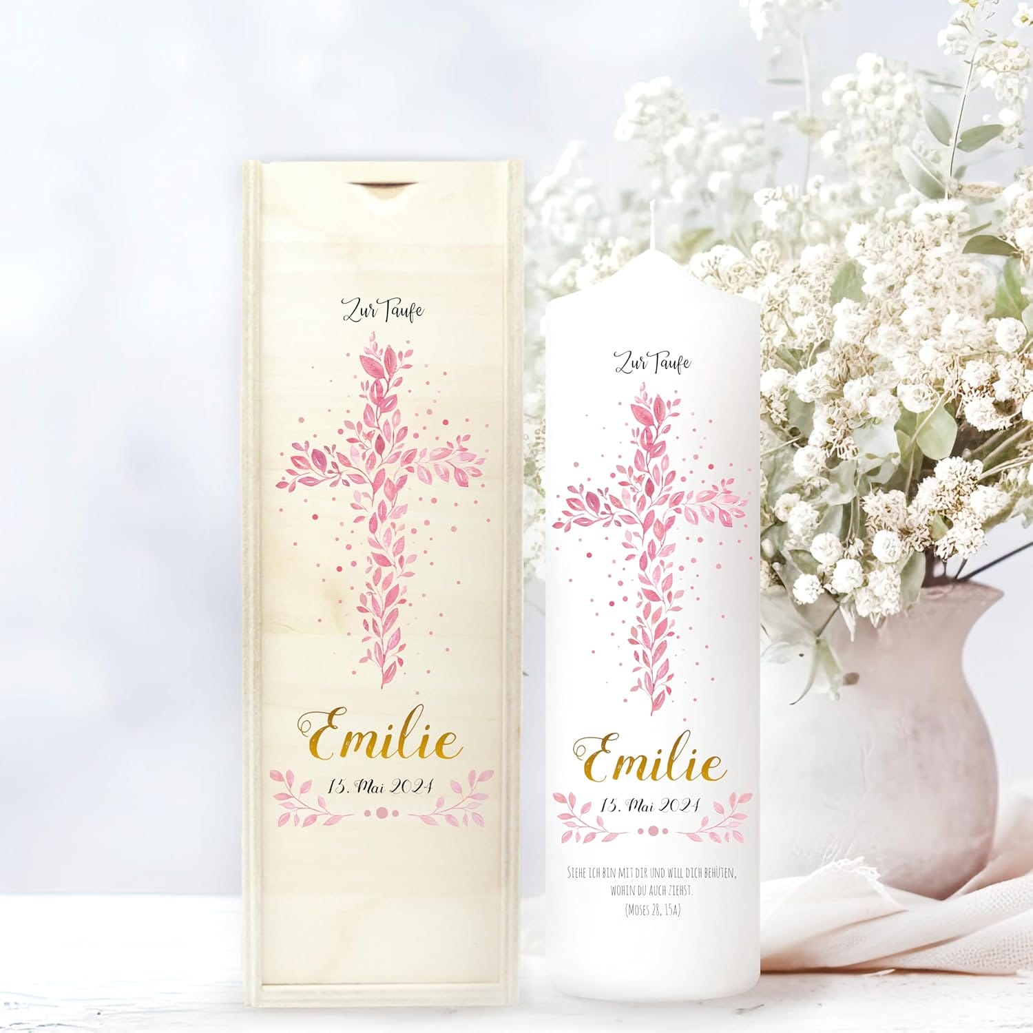 Taufkerze Junge/ Mädchen Baum Heiliges Kreuz rosa Blätter Kerze zur Taufe mit Namen, Datum und eigenem, vorgegebenem oder keinem Taufspruch