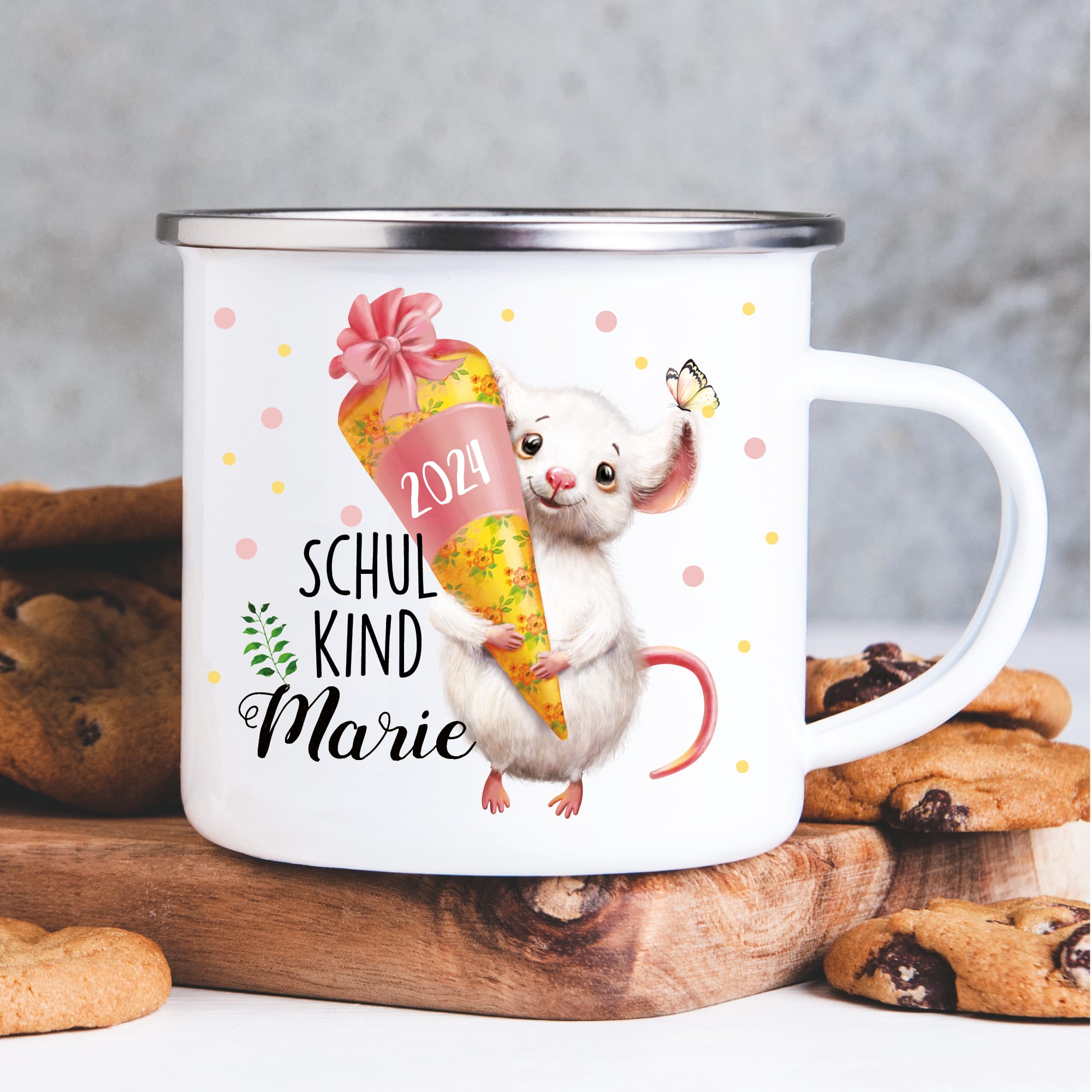 Kindertasse Emaille Becher Maus Schulkind Einschulung Geschenk erster Schultag Wunschname Schulanfang