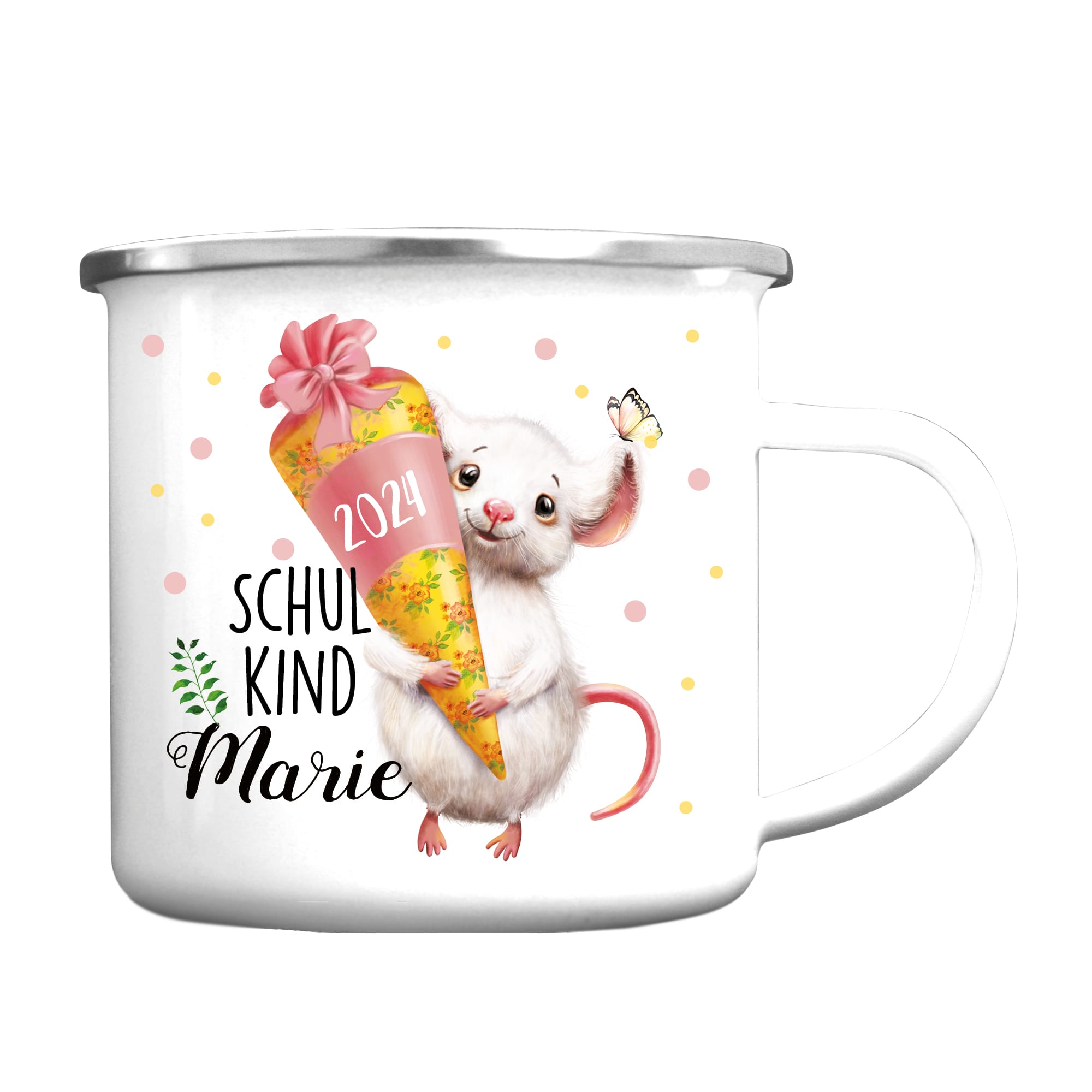 Auf dem Bild ist das Produkt: Kindertasse Emaille Becher Maus Schulkind Einschulung Geschenk erster Schultag Wunschname Schulanfang zum Preis von €18.9 abgebildet.