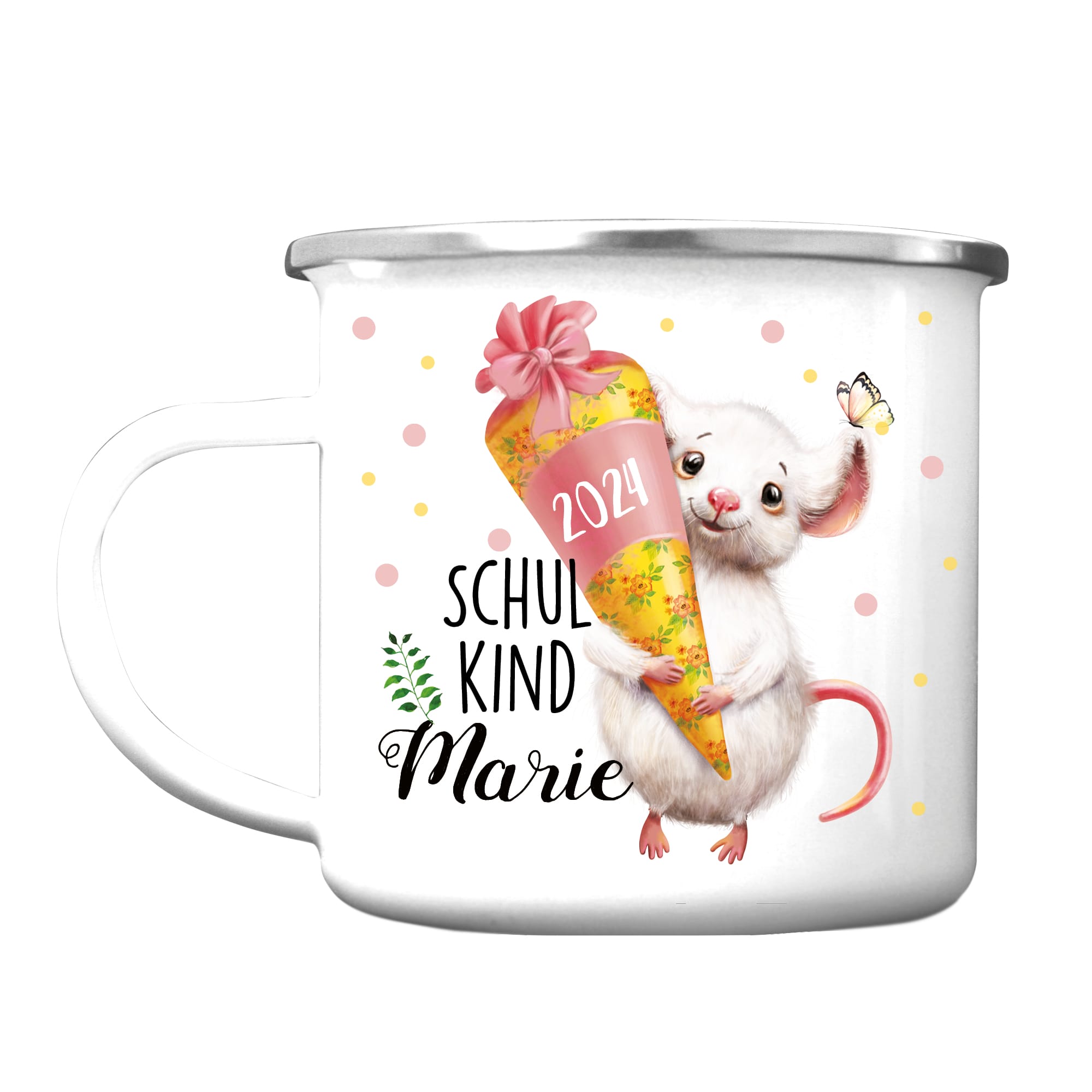 Auf dem Bild ist das Produkt: Kindertasse Emaille Becher Maus Schulkind Einschulung Geschenk erster Schultag Wunschname Schulanfang zum Preis von €18.9 abgebildet.