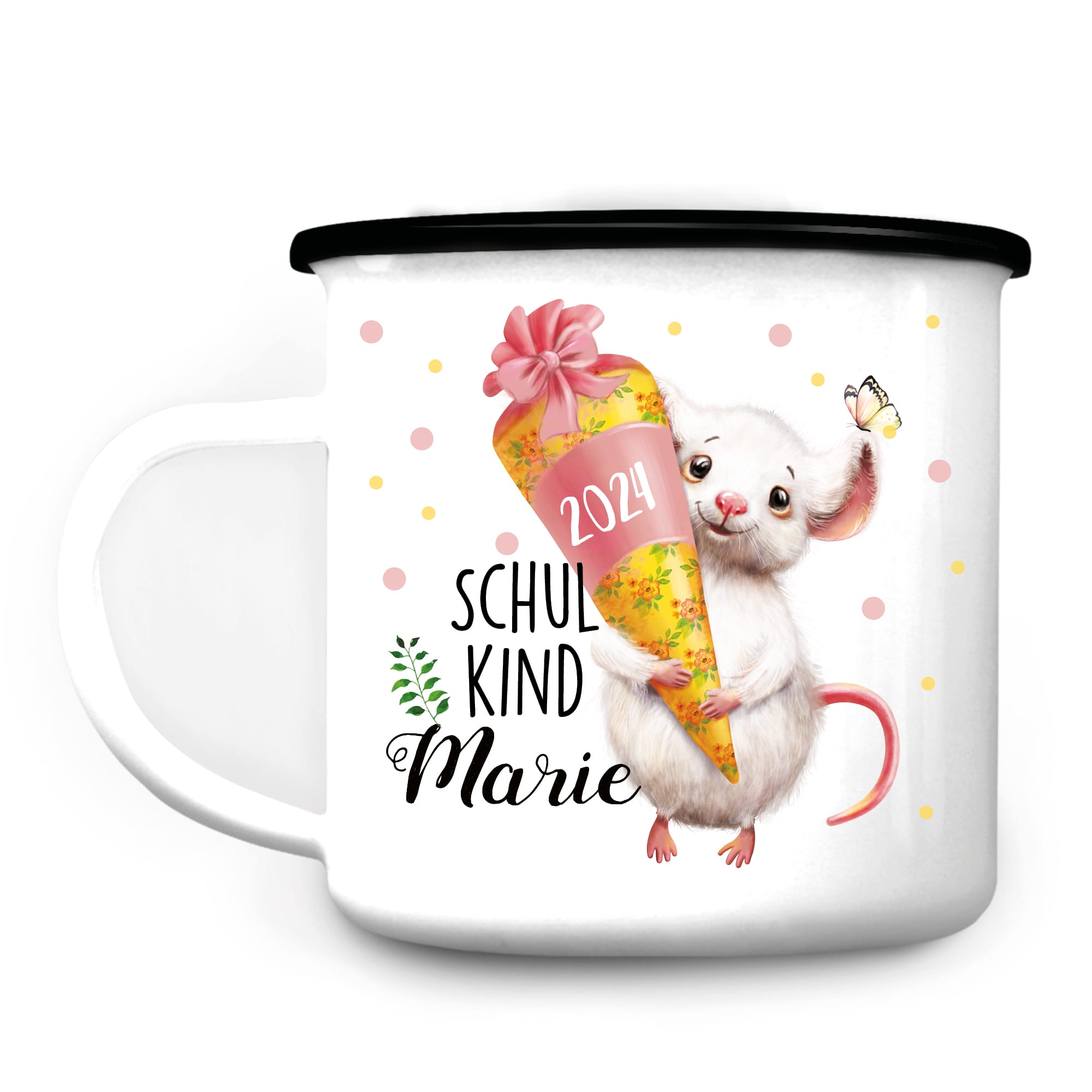 Auf dem Bild ist das Produkt: Kindertasse Emaille Becher Maus Schulkind Einschulung Geschenk erster Schultag Wunschname Schulanfang zum Preis von €18.9 abgebildet.