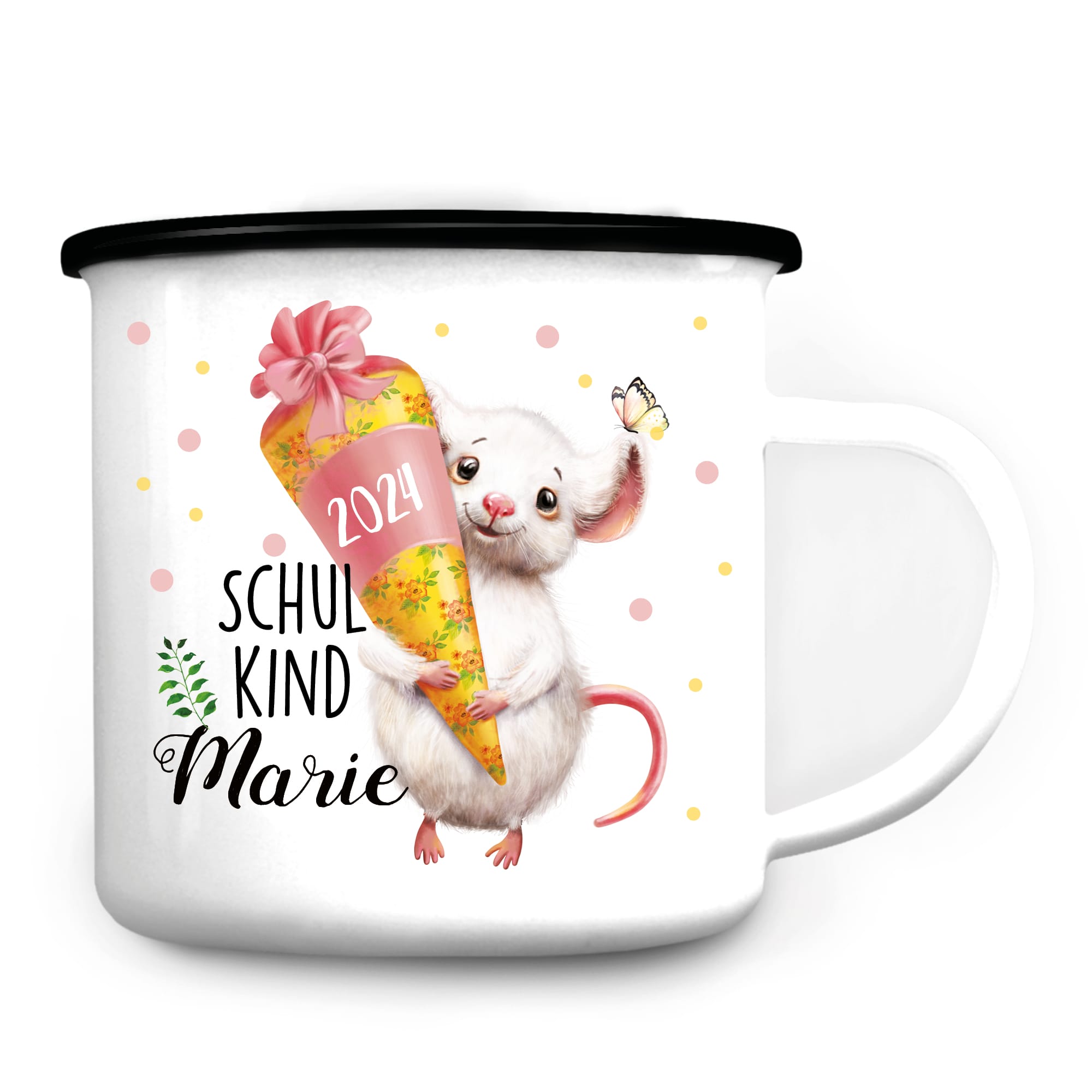Auf dem Bild ist das Produkt: Kindertasse Emaille Becher Maus Schulkind Einschulung Geschenk erster Schultag Wunschname Schulanfang zum Preis von €18.9 abgebildet.