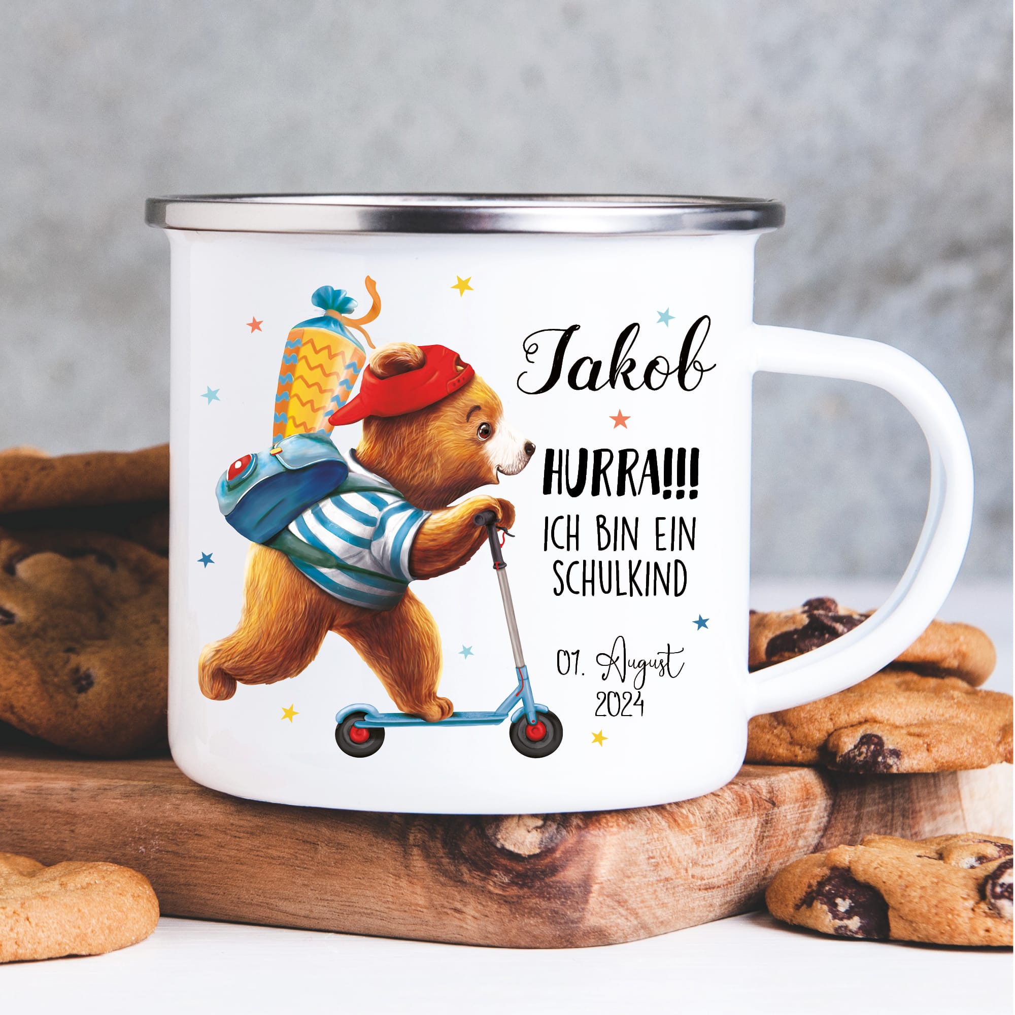 Kindertasse Emaille Becher Bär Roller Schulkind Einschulung Geschenk Schulanfang