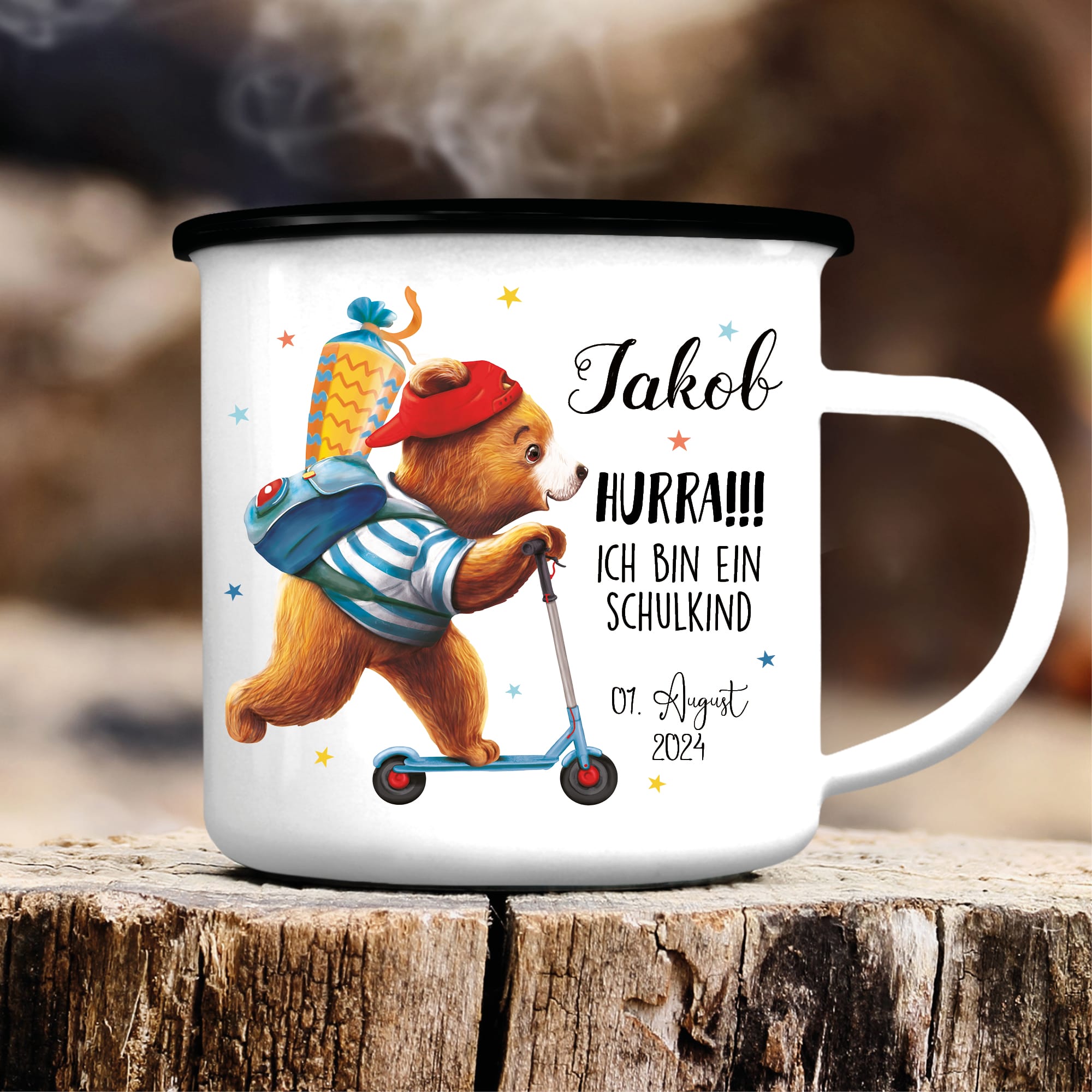 Auf dem Bild ist das Produkt: Kindertasse Emaille Becher Bär Roller Schulkind Einschulung Geschenk Schulanfang zum Preis von €18.9 abgebildet.