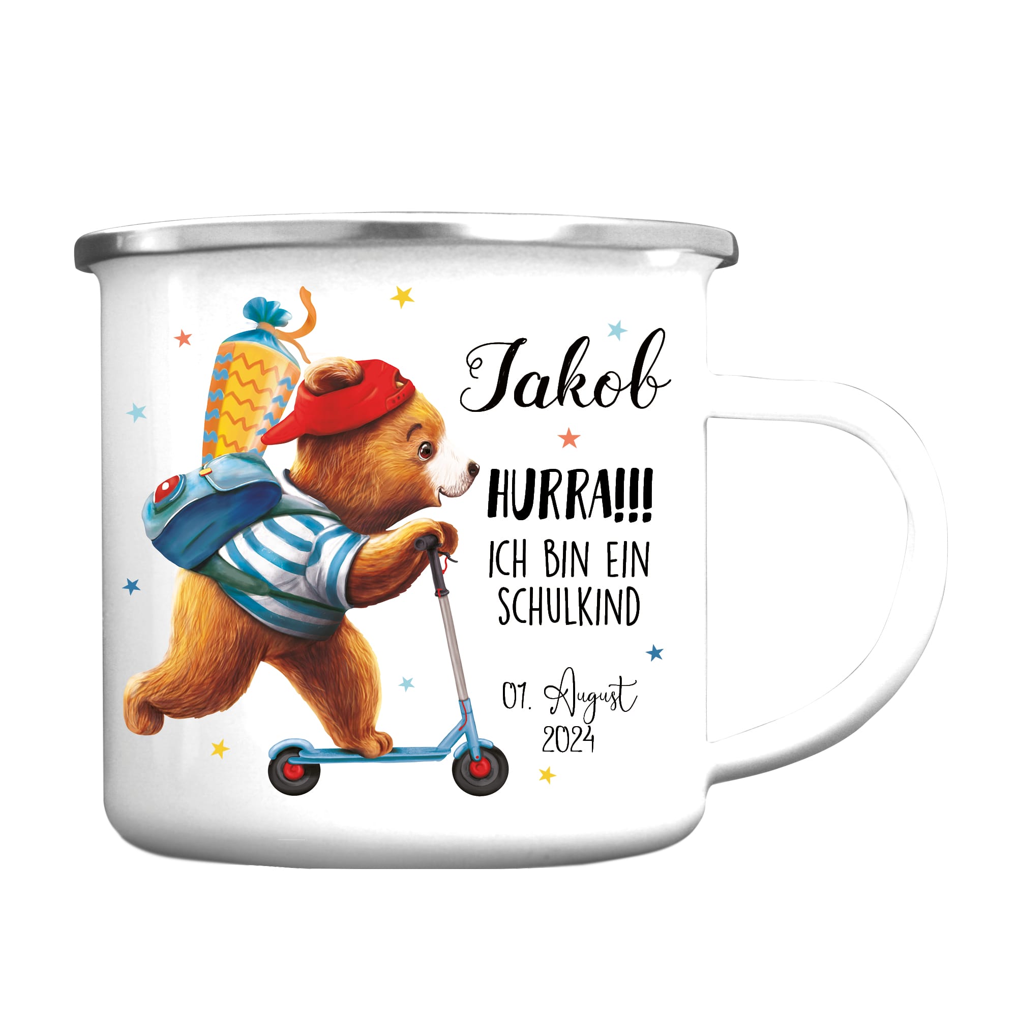 Auf dem Bild ist das Produkt: Kindertasse Emaille Becher Bär Roller Schulkind Einschulung Geschenk Schulanfang zum Preis von €18.9 abgebildet.